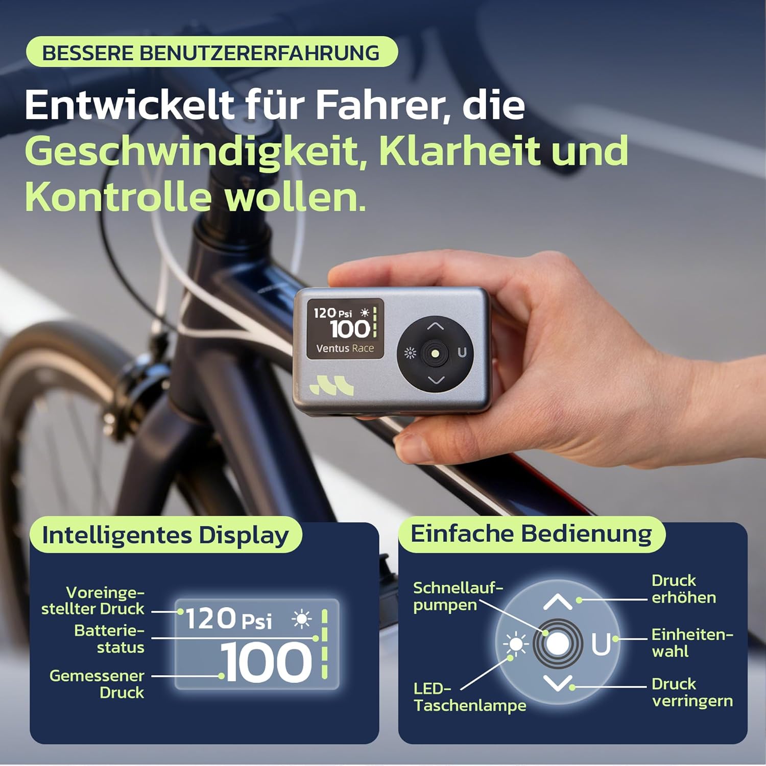Thumbnail 4 de Woowind Ventus Race elektrische Fahrradpumpe – Mini-Kompressor für Presta & Schrader, bis 120 PSI, LED-Licht