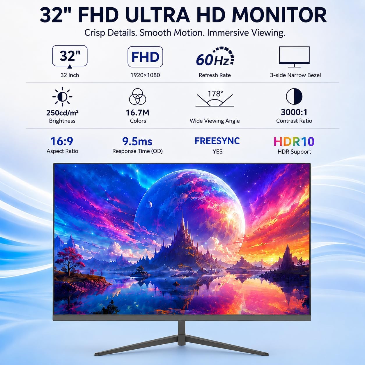 Thumbnail 1 de 32 Inch 1K FHD Monitor (1920x1080) with 60Hz, AMD FreeSync, 178° Viewing Angle, and VESA Mount