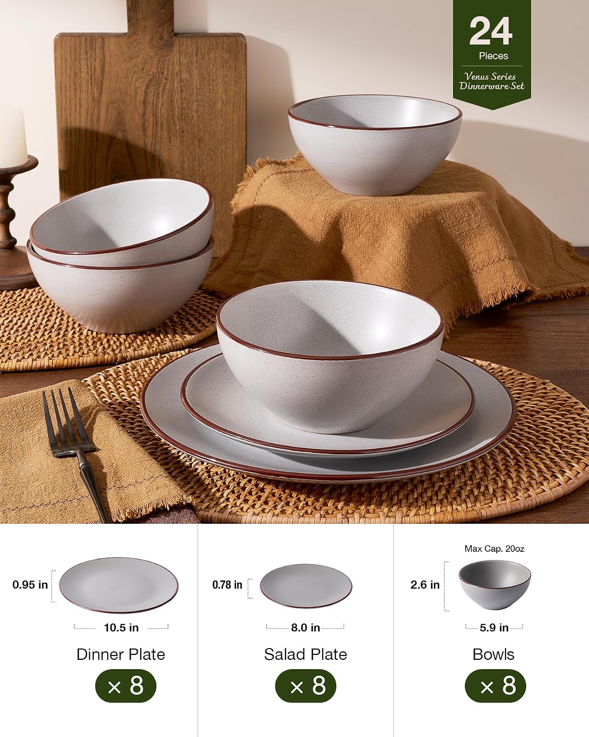 Thumbnail 6 de Famiware Venus Plates and Bowls Sets with Trim, 24 Pieces Speckled Stoneware Dinnerware for 8