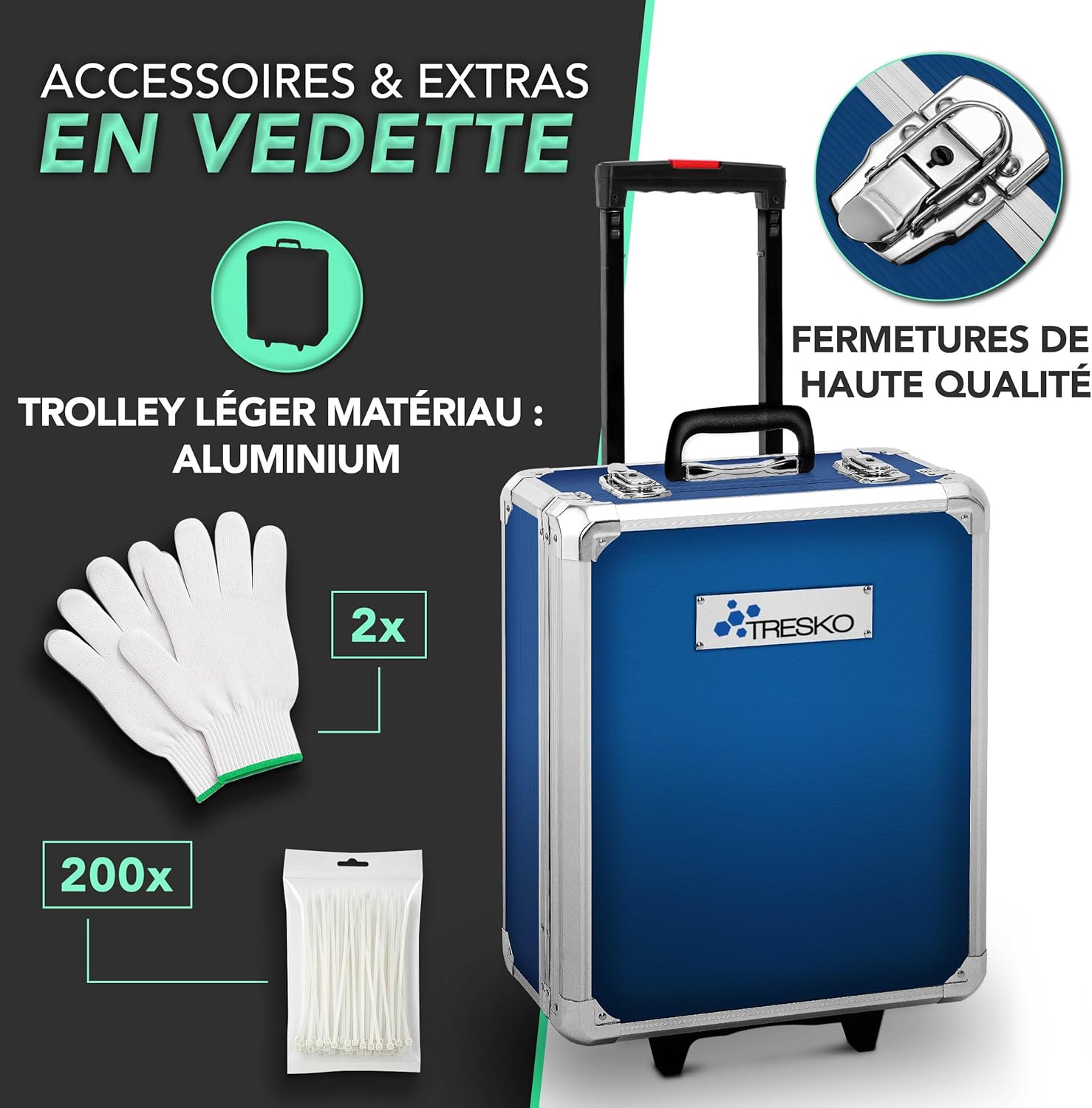 Detalle de TRESKO Boîte à Outils 1400 pièces en Chrome Vanadium – Mallette aluminium et poignée télescopique (Bleu)