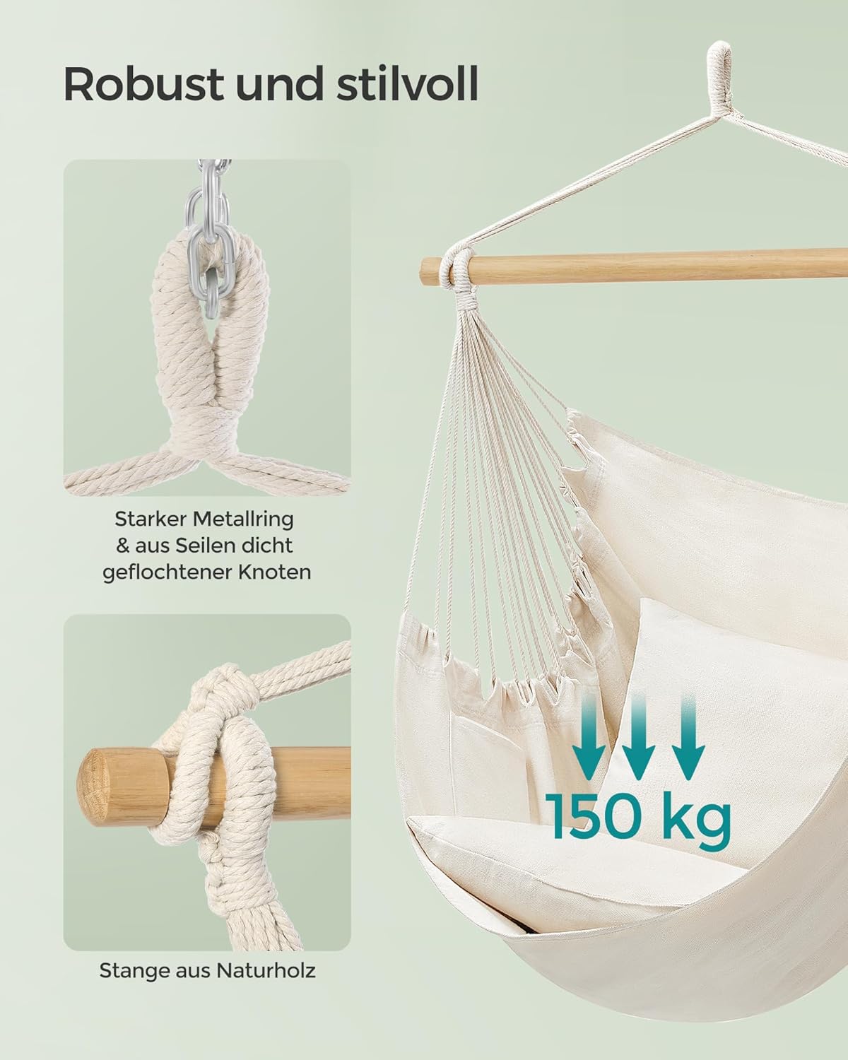 Detalle de SONGMICS Hängesessel GDC187M01 mit 2 Kissen, Metallkette und Traglast bis 150 kg