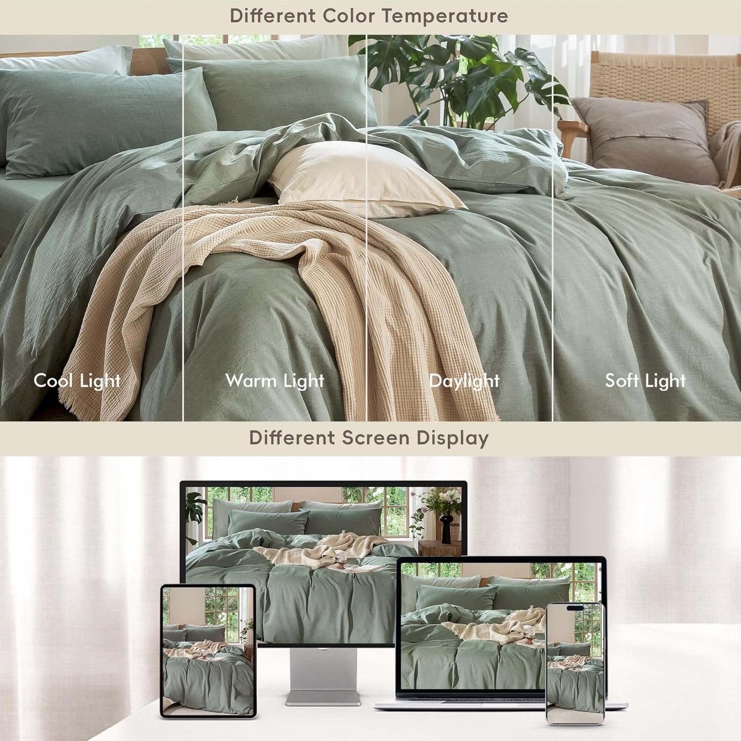 Thumbnail 6 de MooMee Bedding Duvet Cover Set: 100% Washed Cotton, Linen-Like Texture in Heathered Green (King, 104x90)