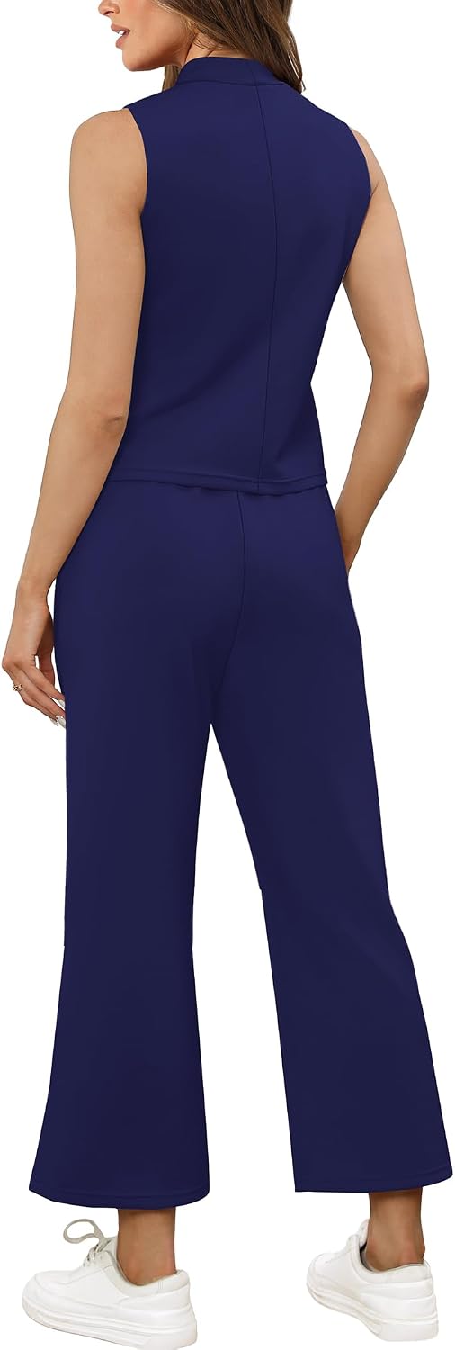 Detalle 1 de SAMPEEL Two-Piece Summer Lounge Set for Women: Mock Neck Crop Top & Wide-Leg Pants