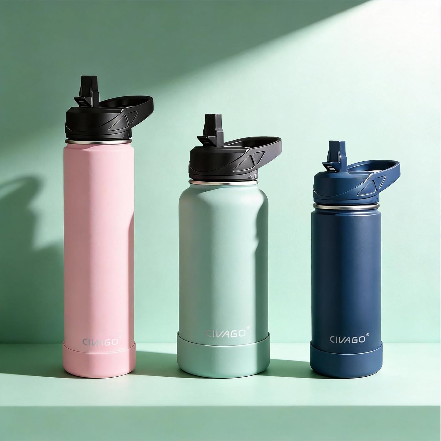 Thumbnail 5 de CIVAGO insulated stainless steel water bottle with straw (750ml) in black