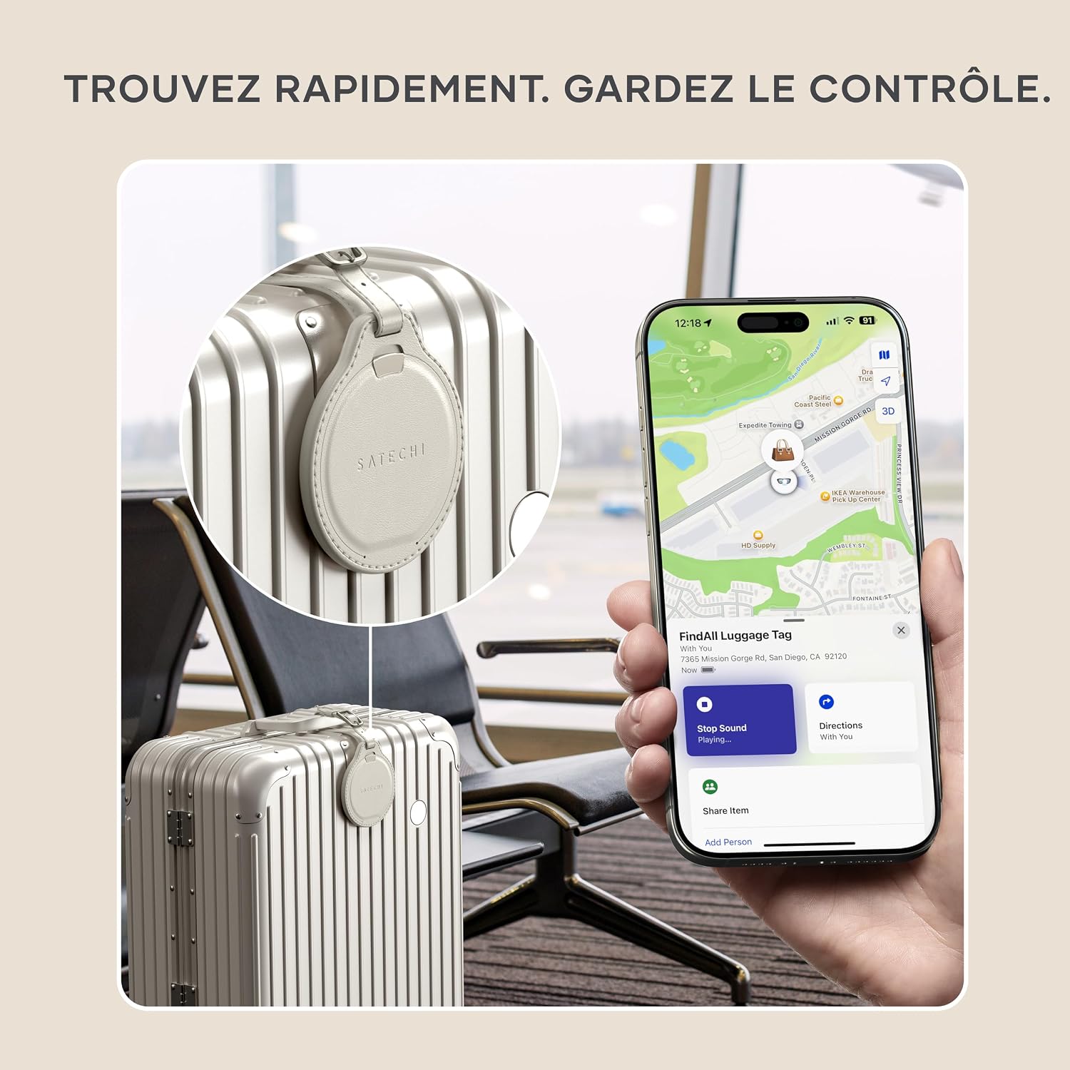 Detalle 2 de SATECHI FindAll Traceur GPS pour bagage avec Apple Find My, recharge sans fil (beige)