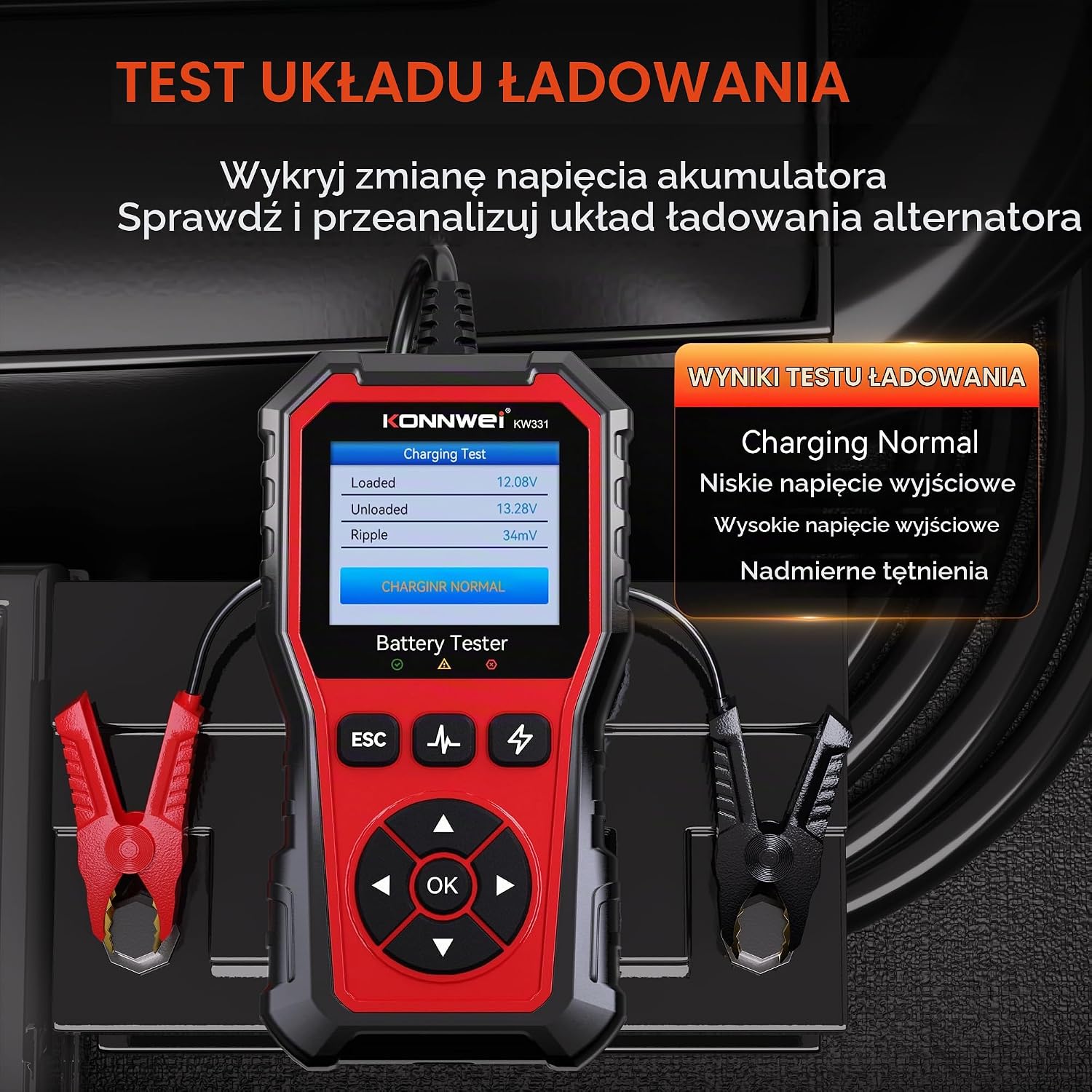 Detalle 2 de KONNWEI KW331 tester akumulatorów 6 V, 12 V i 24 V, kolorowy ekran, drukowanie wyników