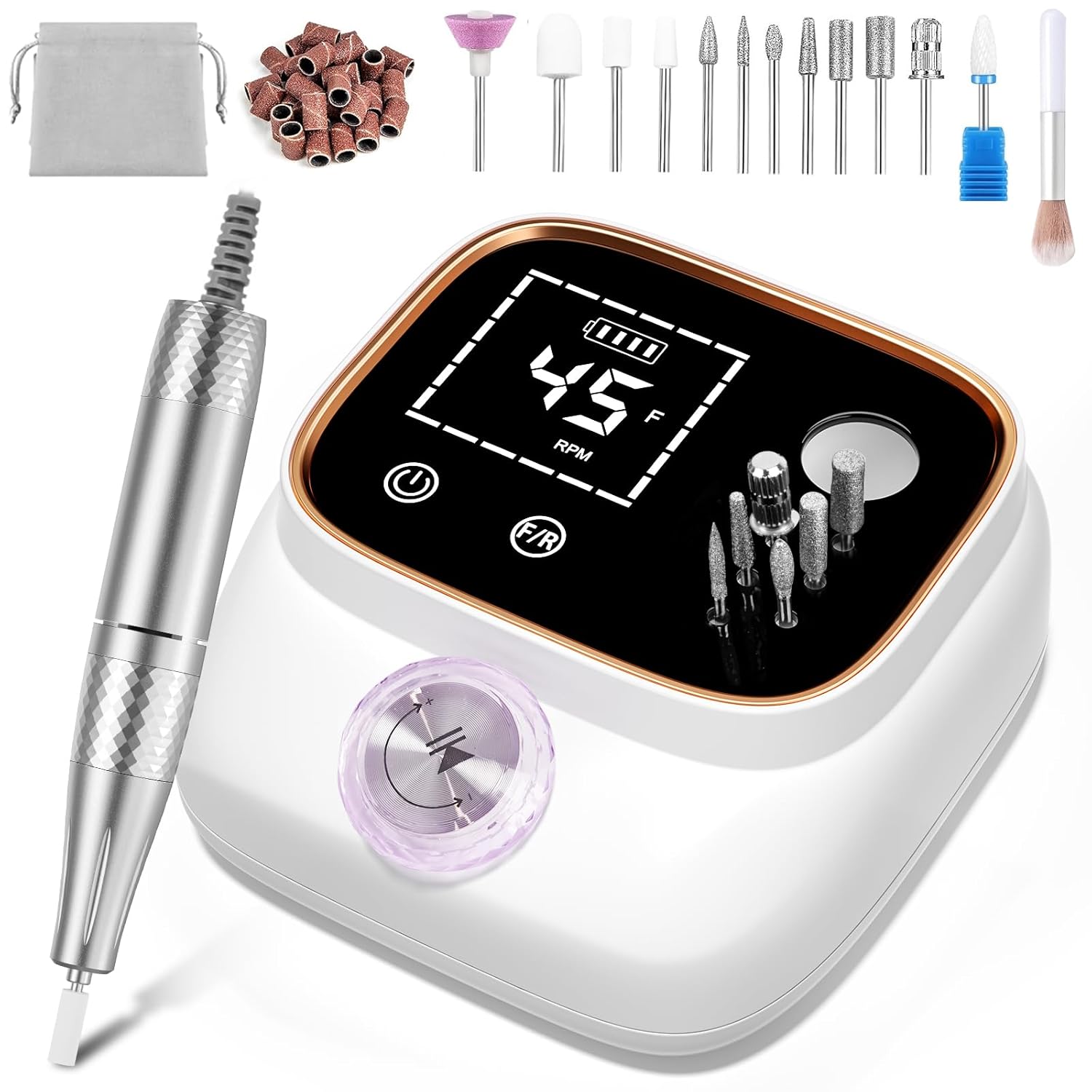 Detalle de Professionelle elektrische Nagelfeile mit LCD-Display (45.000 U/min) & Bit-Lock-Design – Set für Gel- und Acrylnägel