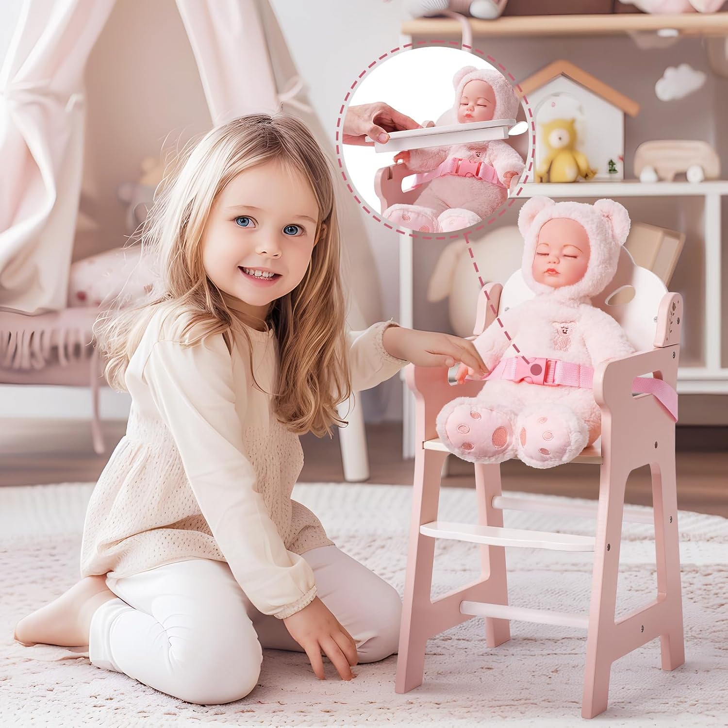 Thumbnail 3 de ROBOTIME Baby Puppen Hochstuhl aus Holz – Rosa, für Puppen bis 18 Zoll