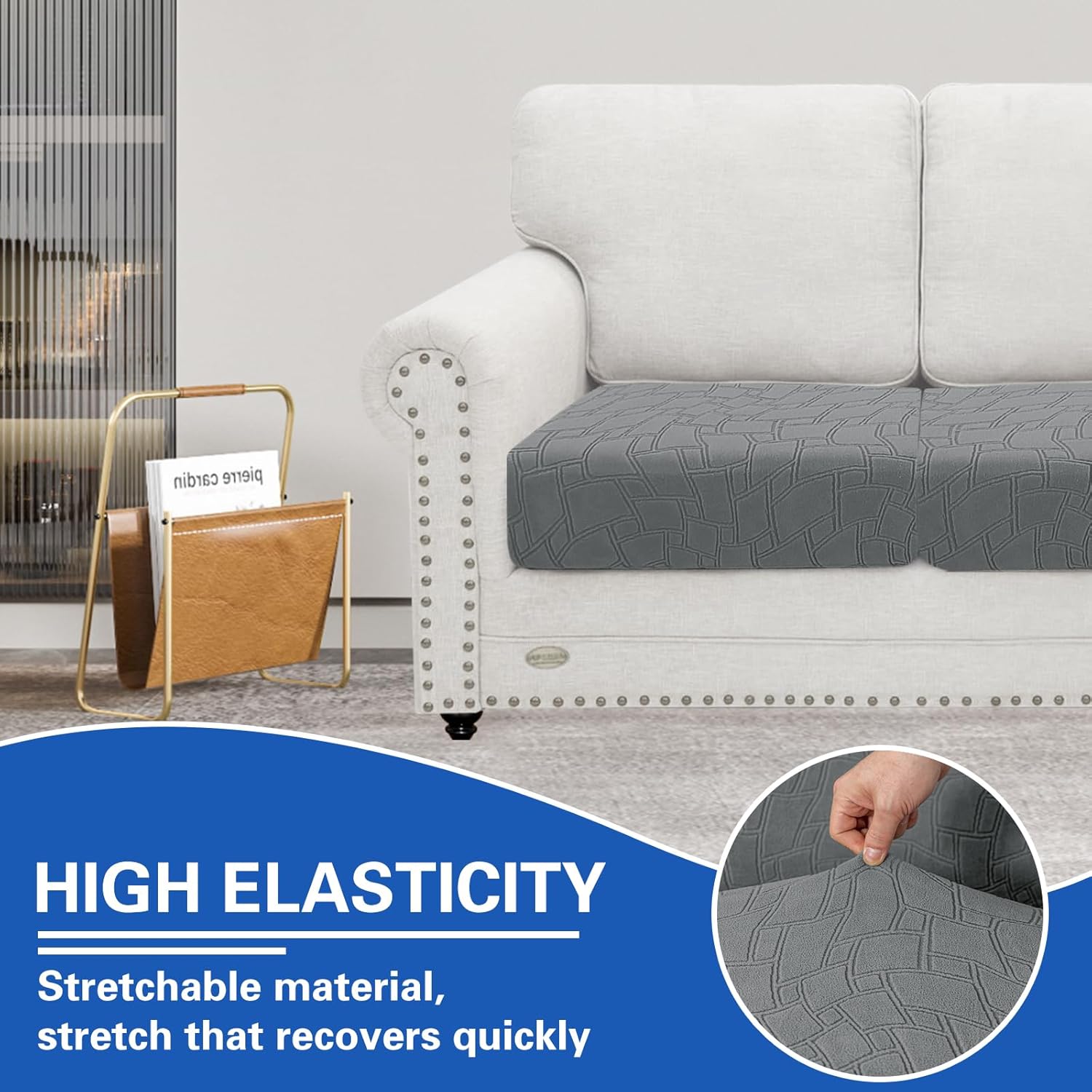 Thumbnail 4 de Ystyle Housse d’assise de canapé extensible universelle (1 place*3 + chaise longue), gris clair