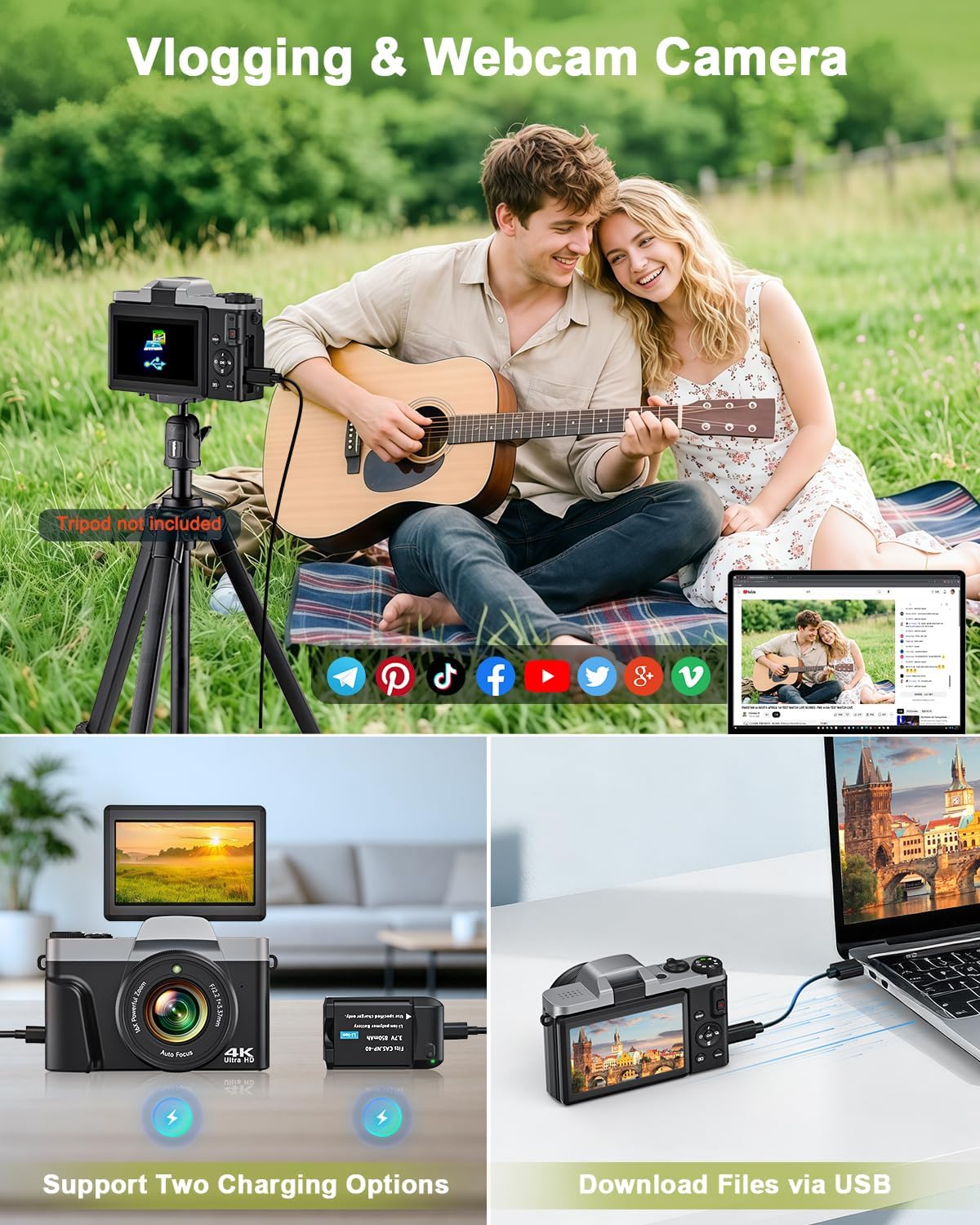 Detalle 2 de 4K Digital Camera with WiFi, 64MP Autofocus Vlogging Camera with 3" Flip Screen – 16X Zoom, Included 32GB Card & 2 Batteries