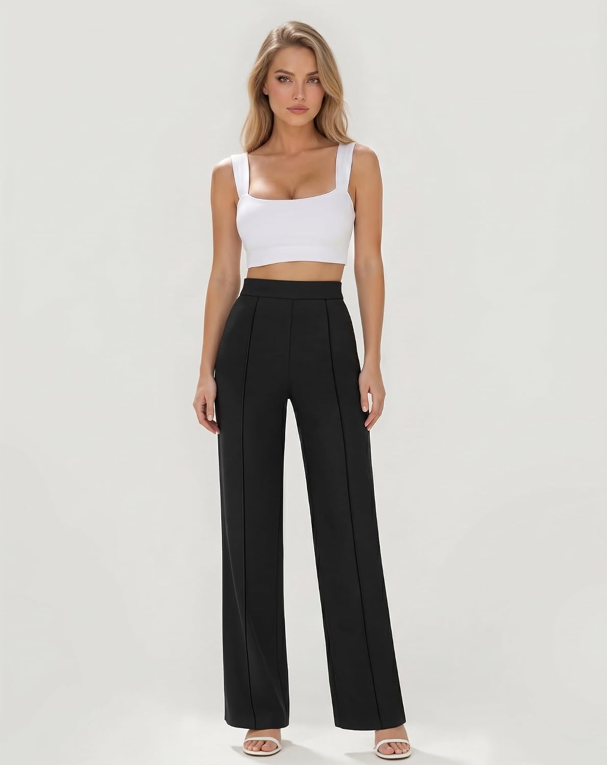 Detalle de JEKAOYI High-Waisted Straight-Leg Work Pants with Stretch and Slant Pockets