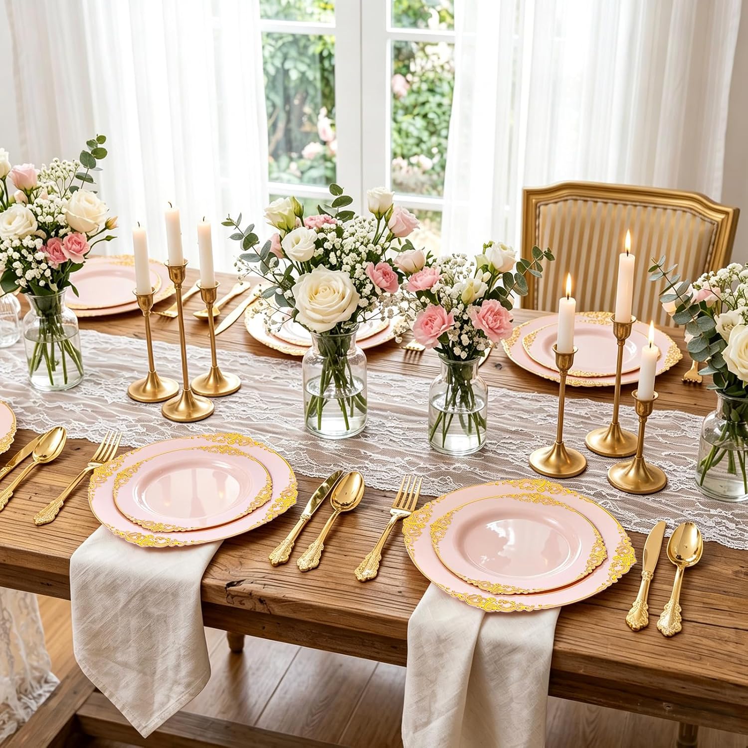 Detalle de Joyido 125PCS Pink and Gold Plastic Plates with Silverware Set for 25 Guests