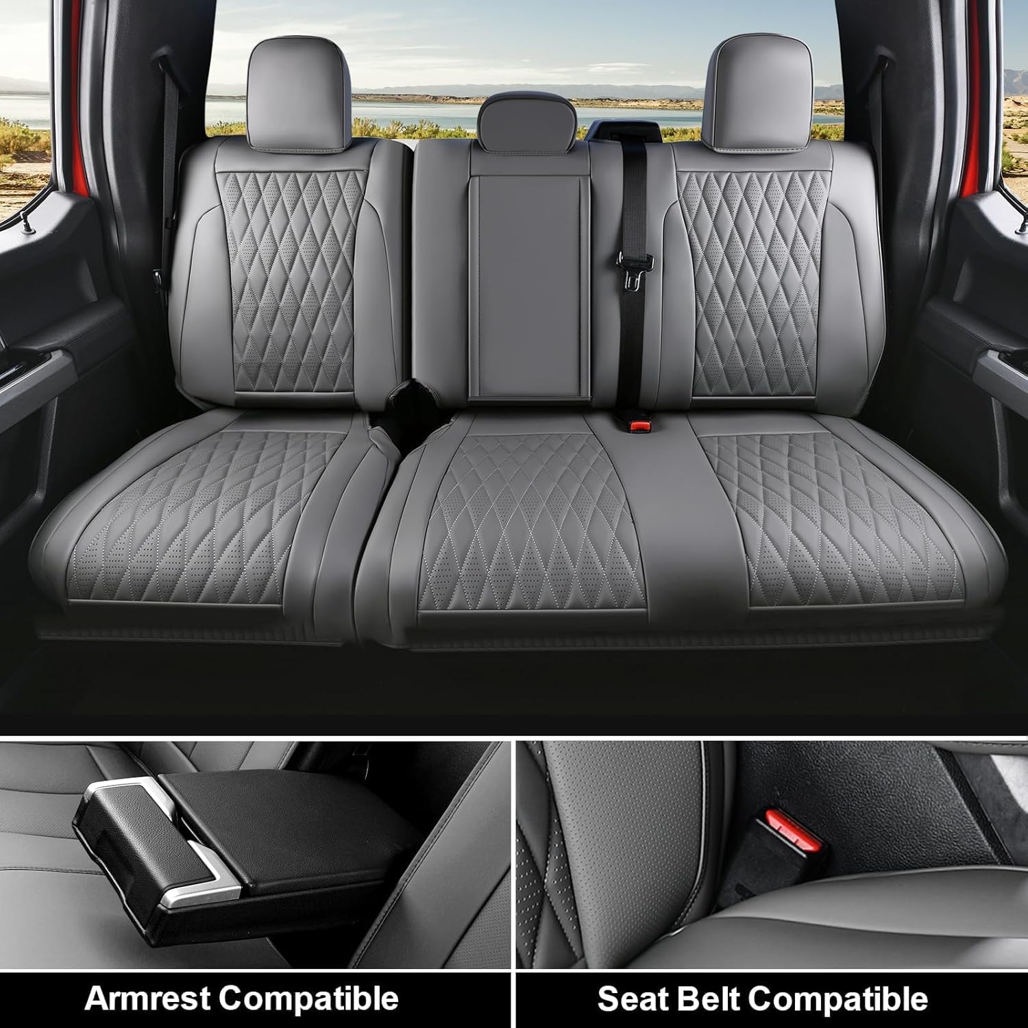 Detalle de Coverado Leather Seat Covers Full Set for Ford F-Series Crew Cab (2015–2026 F150, 2017–2026 F250/F350/F450) – Gray