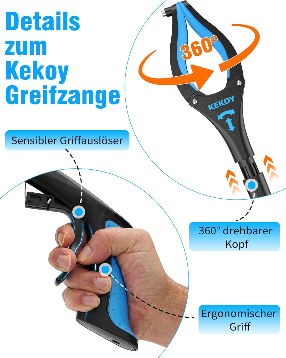 Thumbnail 2 de Kekoy Greifzange für Senioren, 81 cm faltbar mit drehbarem Greiferarm (Aluminium) – greift auch dank Magnetspitze