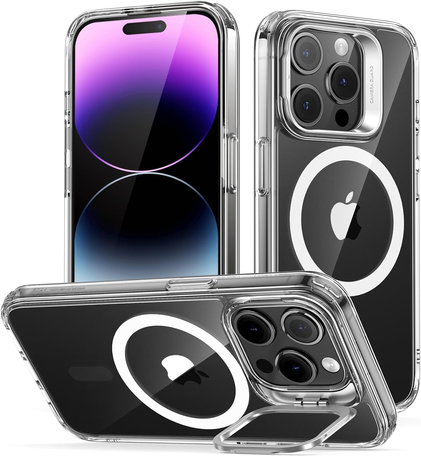 Detalle de ESR iPhone 14 Pro magnetic case with camera ring stand (clear) — MagSafe compatible