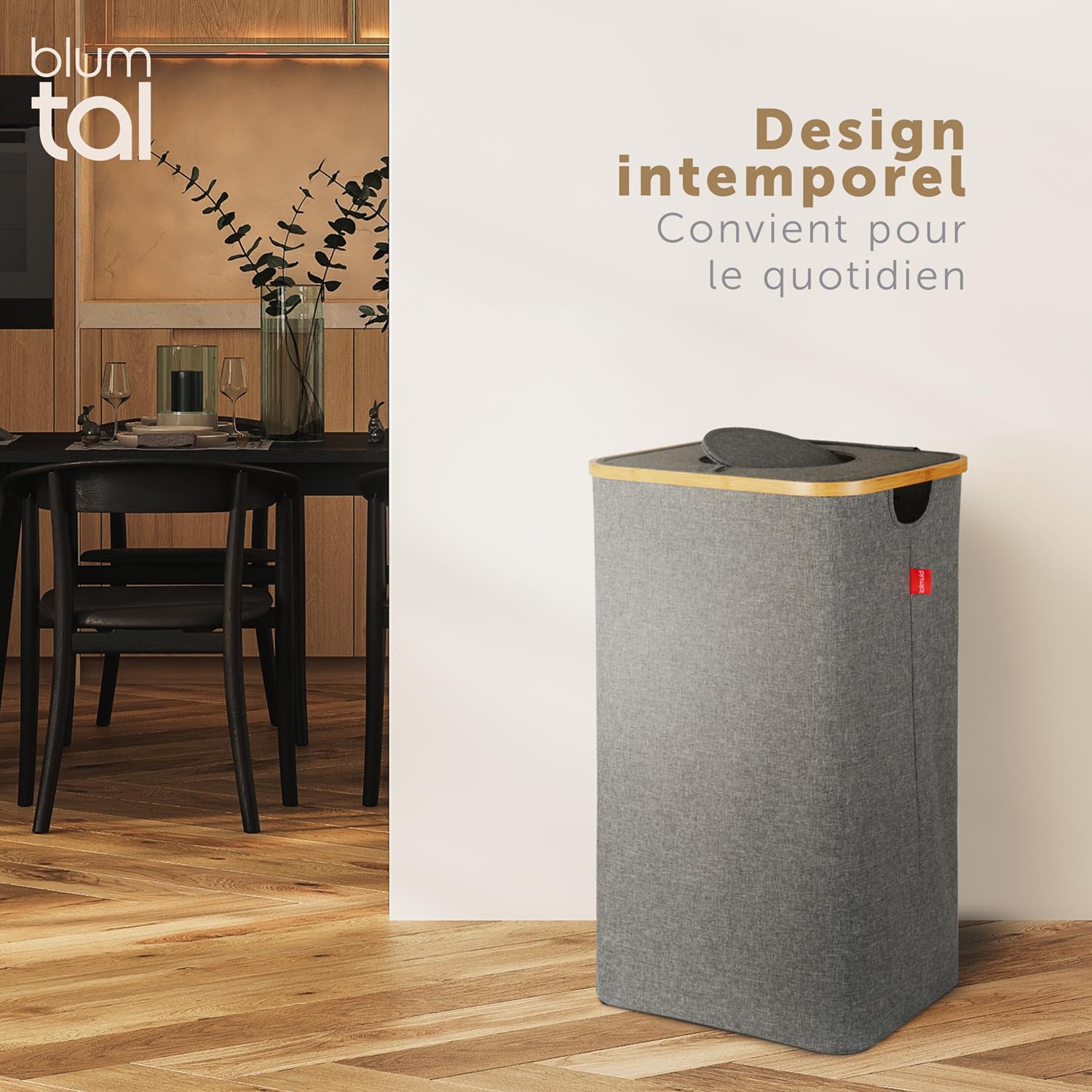 Detalle de Blumtal conteneur de consigne pour bouteilles 100L en bambou avec sac de transport et effet anti-odeur