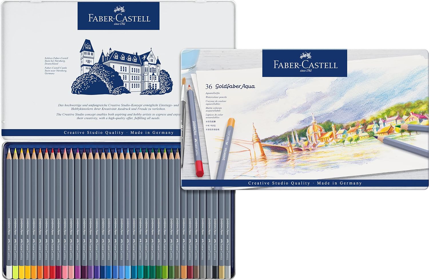 Detalle de FABER-CASTELL 114648 Aquarellstifte Goldfaber, 48-teiliges Bruchfestes Set im Metalletui