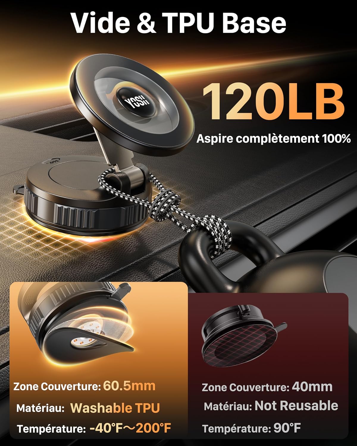 Detalle de Support Téléphone Voiture Magnétique YOSH avec Ventouse Nano-Gel et Aimants N55
