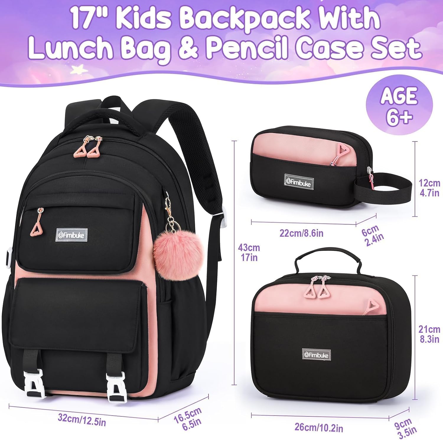 Detalle de Fimibuke 3-Piece Girls' Backpack Set: Waterproof School Bag, Insulated Lunch Box & Pencil Case