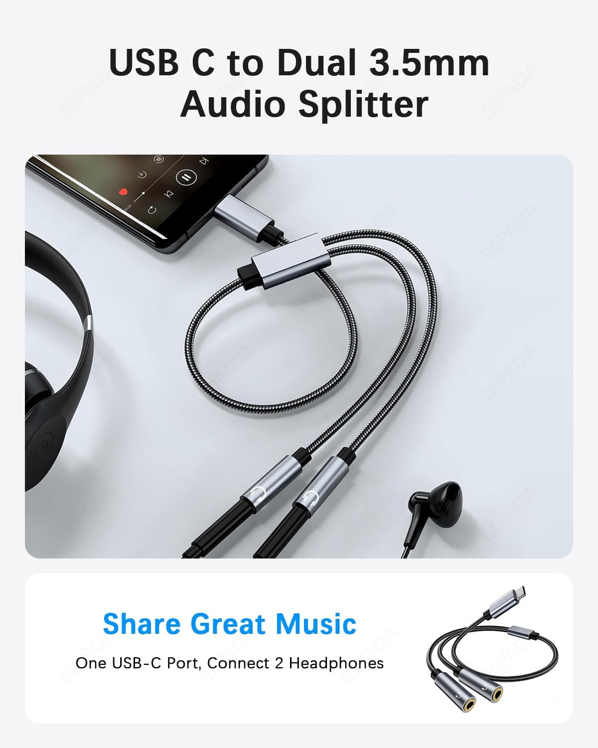 Detalle 2 de DOPACIA USB-C headphone splitter, 33 cm
