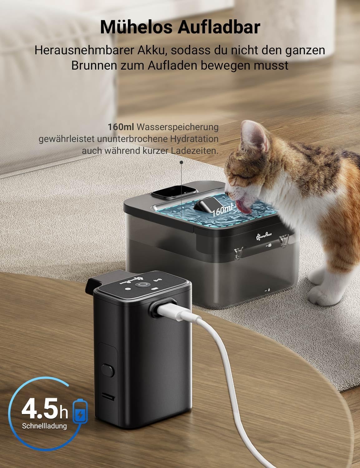 Detalle de DownyPaws Katzenbrunnen Kabellos – 2,5 L batteriebetrieben, Bewegungsmelder und leiser Trinkbrunnen für Katzen