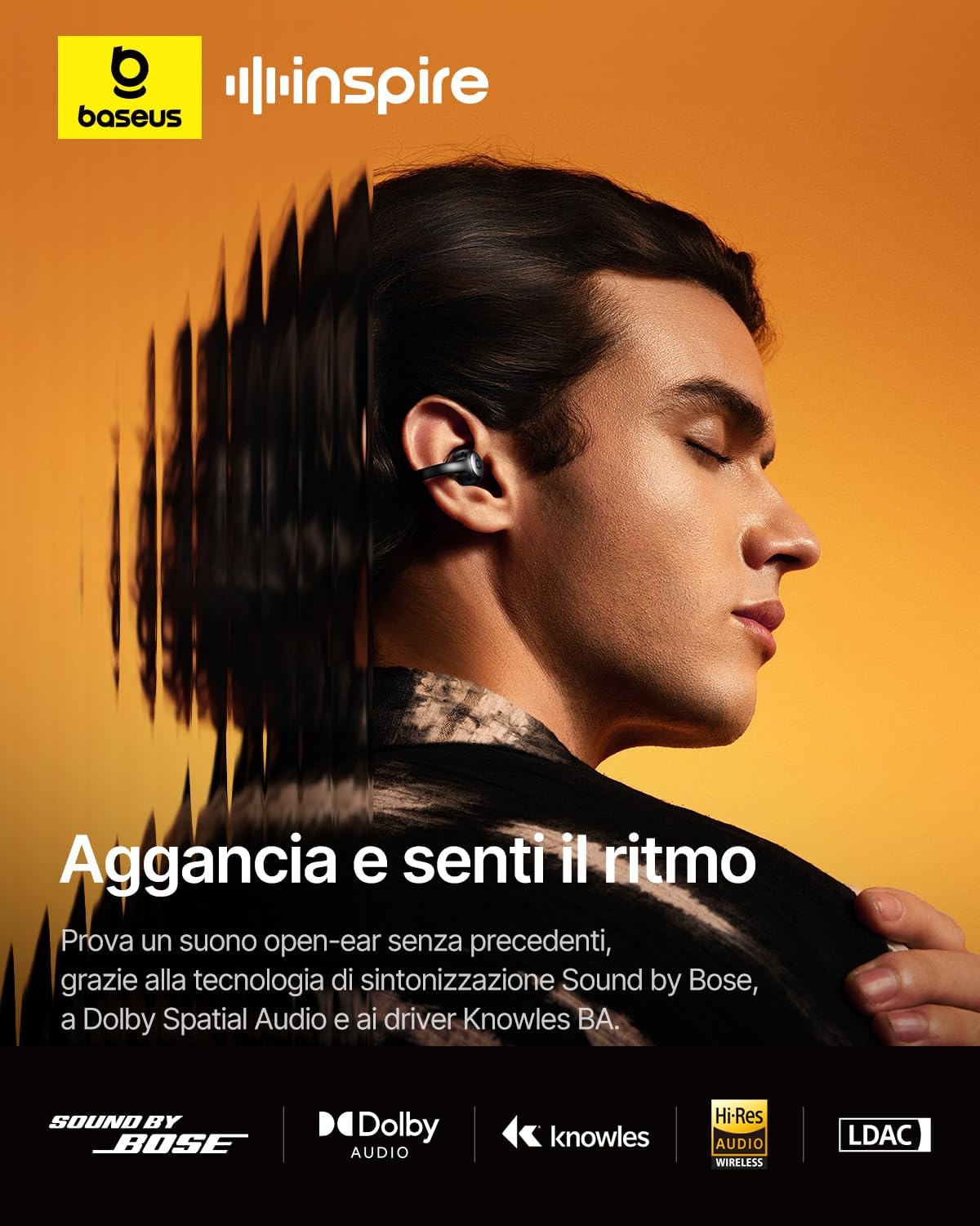 Detalle de Baseus Inspire XC1 Open-Ear: cuffie Bluetooth con suono Bose e autonomia 40 h