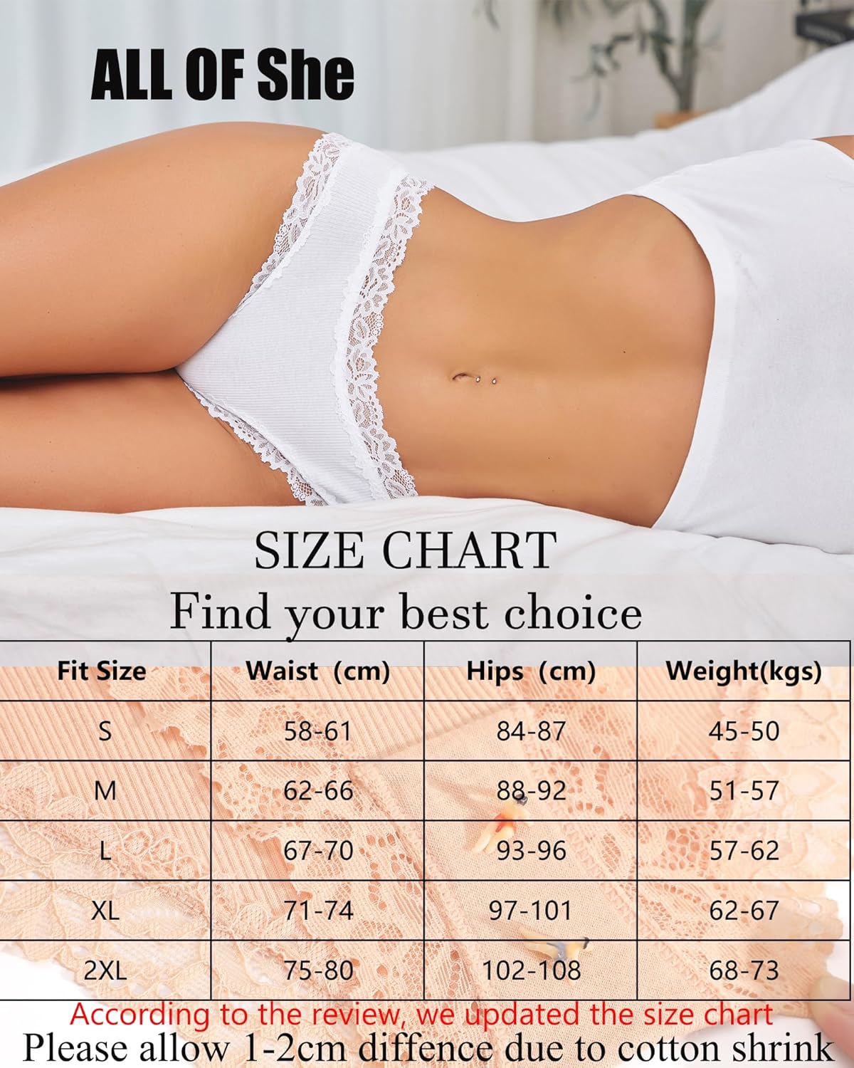 Detalle de ALL OF SHE lot de 6 culottes en coton (95%) et élasthanne avec dentelle