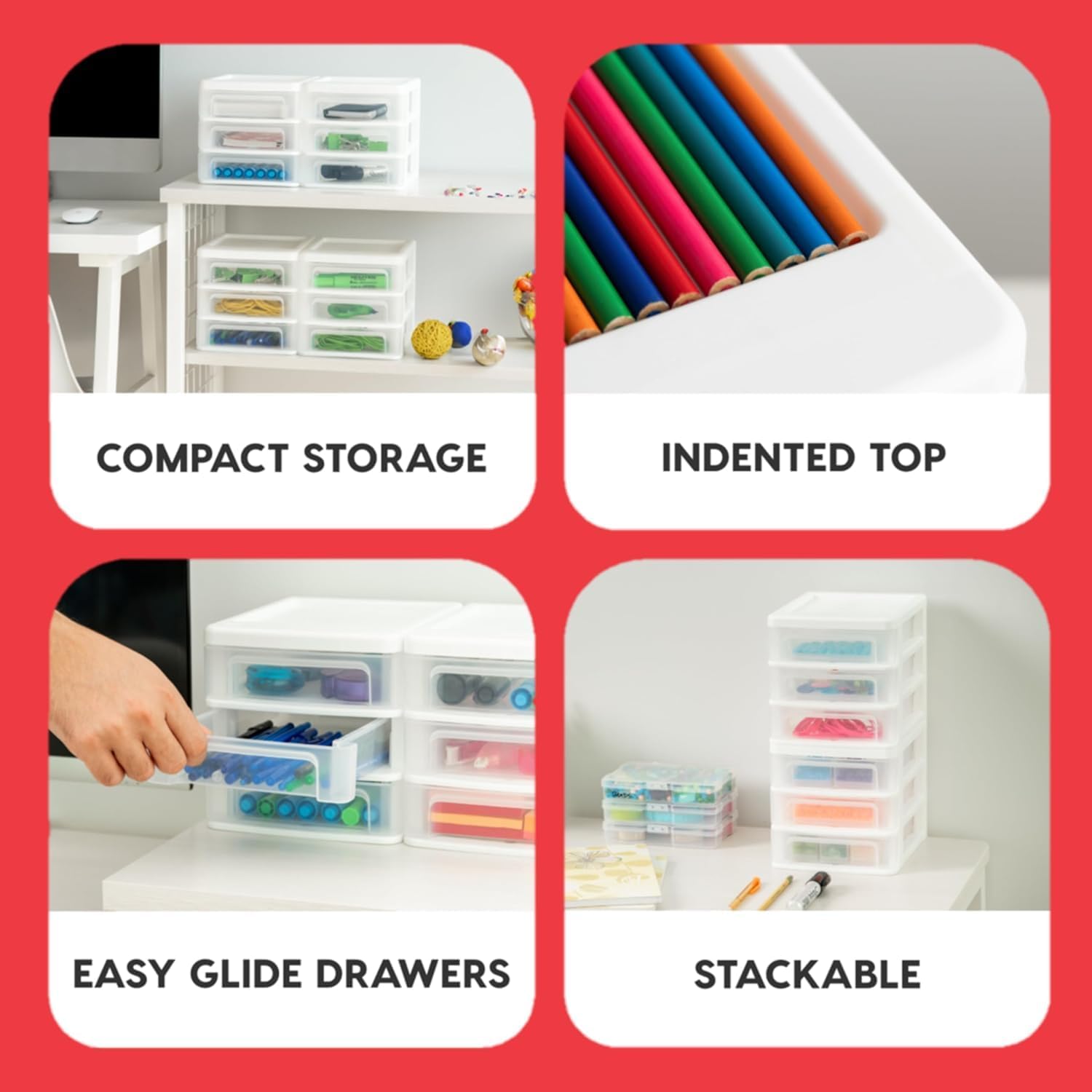 Detalle 2 de IRIS USA 587602 4-Pack 3-Drawer Desktop Organizers, Stackable White Plastic