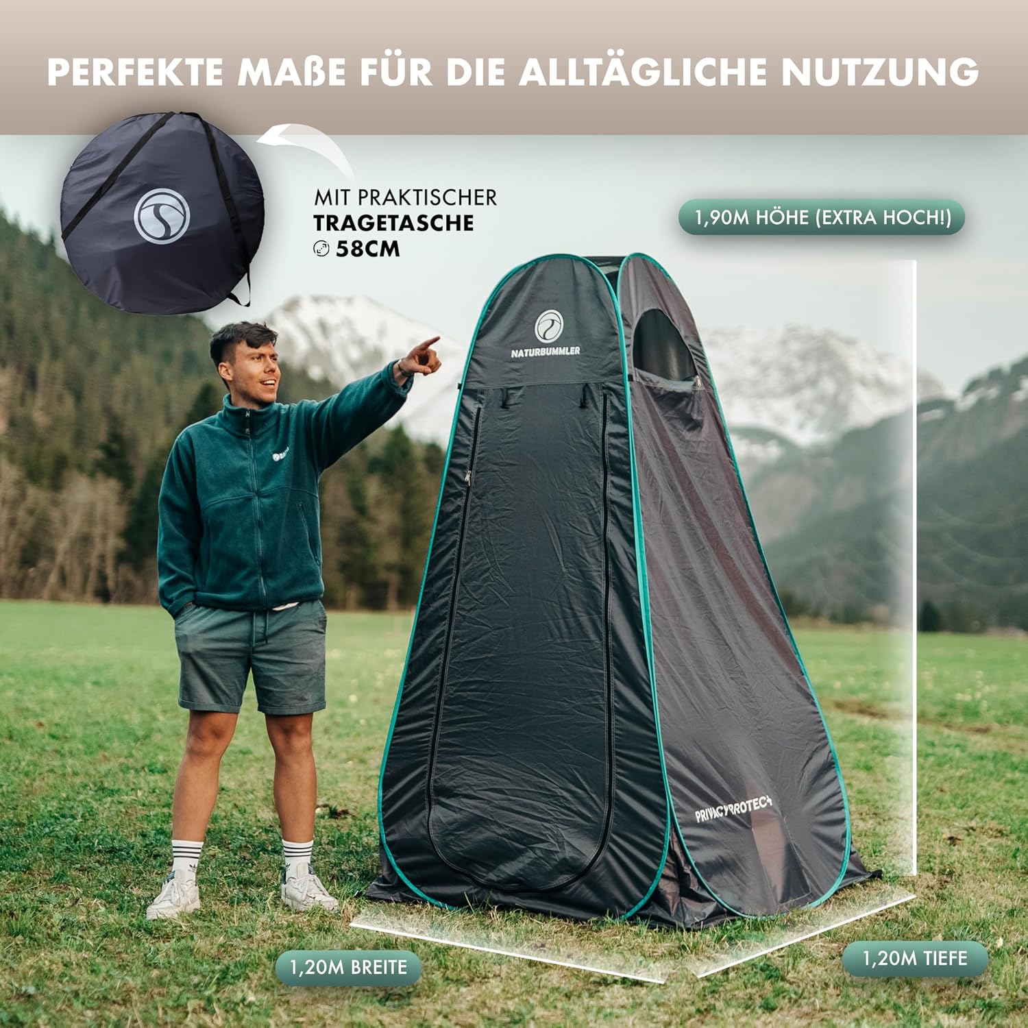 Thumbnail 1 de NATURBUMMLER Duschzelt Pop-Up „Privacy Protec+“ (wasserdicht & blickdicht) mit 5 Taschen – mobiles Toilettenzelt/Umkleidezelt