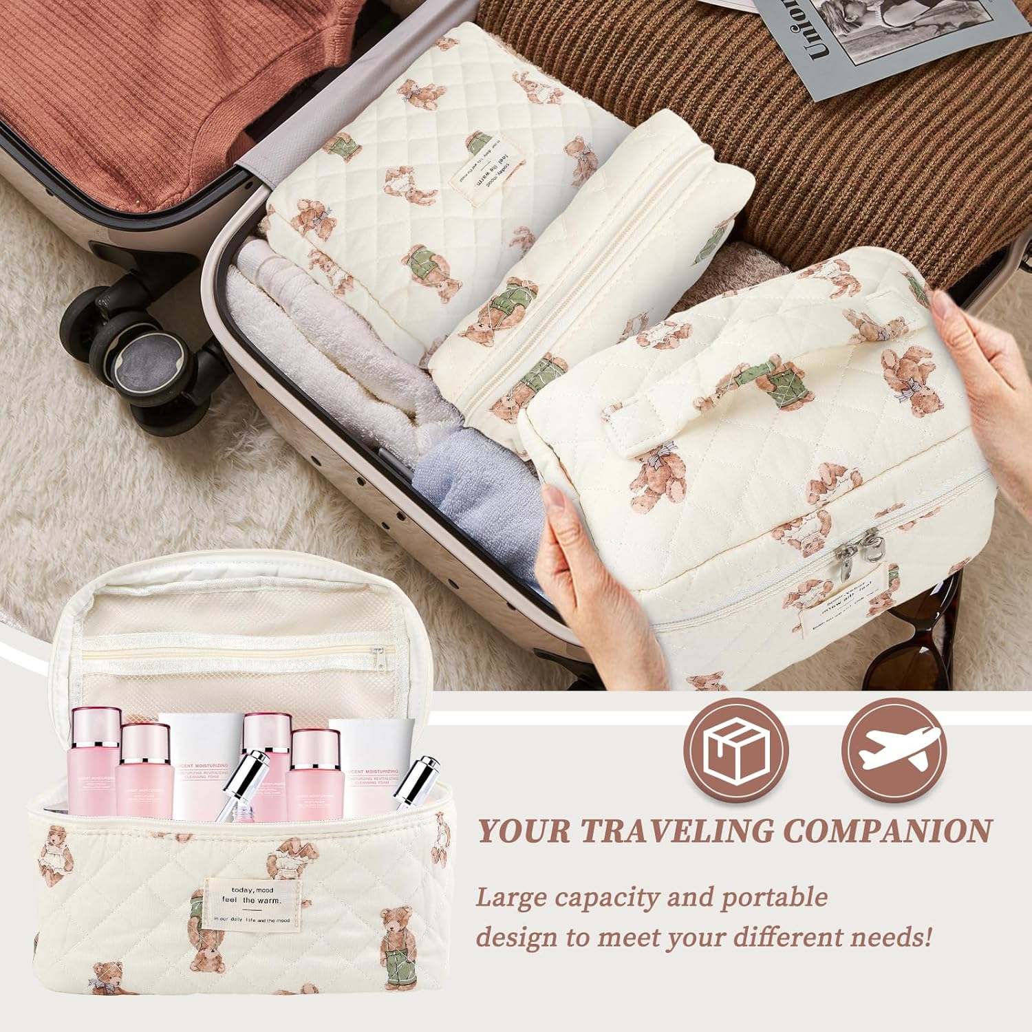 Thumbnail 4 de 3-Piece Quilted Floral Makeup Bag Set – Large, Medium and Small Cotton Cosmetic Pouches