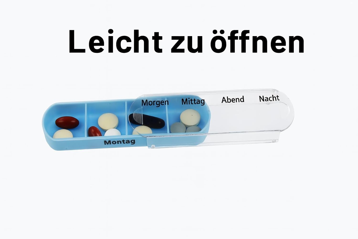 Detalle de KAMACA 4er-Pack Pillendosierer für 28 Tage mit 4 Fächern pro Tag (4 Wochen) – weiß/blau