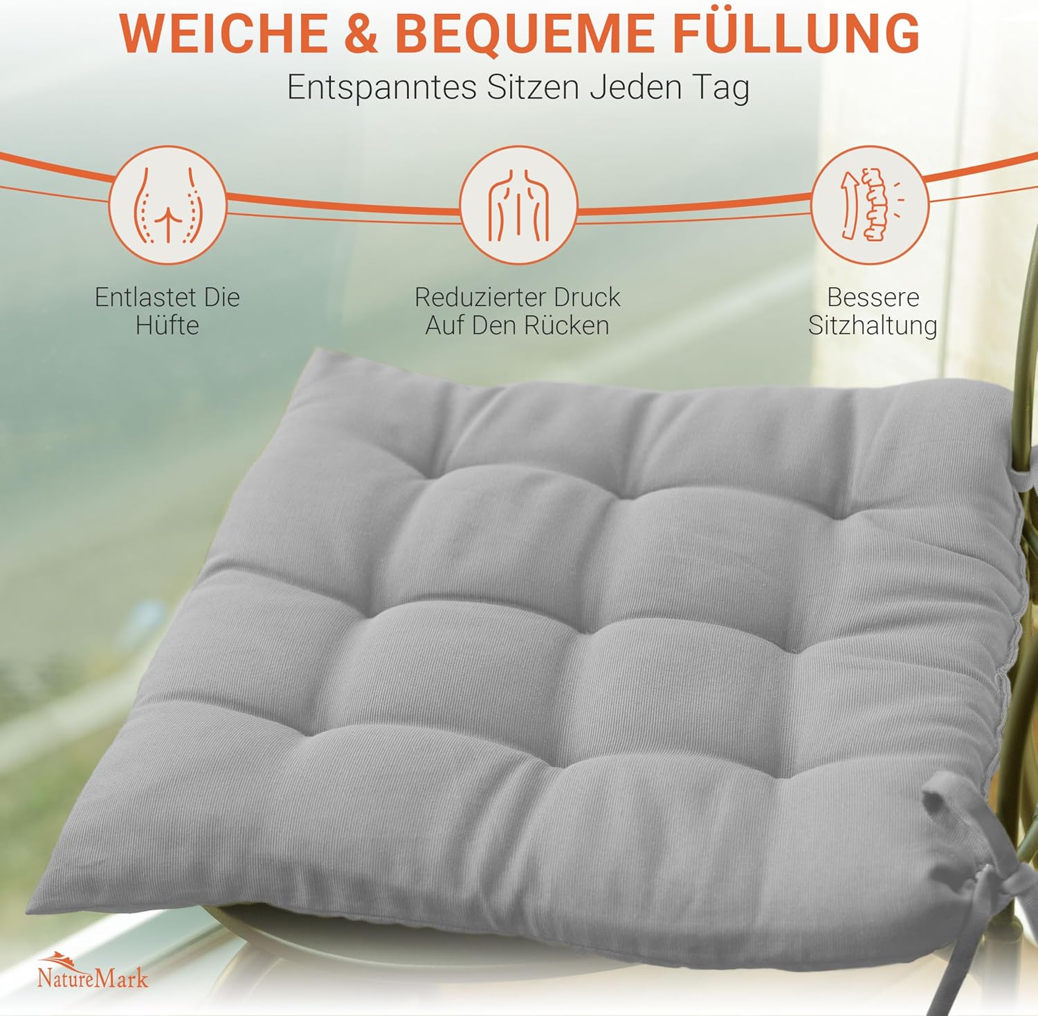 Thumbnail 3 de NatureMark 4er Set Stuhlkissen 40x40 cm – Gefüllte Sitzkissen für Indoor & Outdoor in Silber Grau