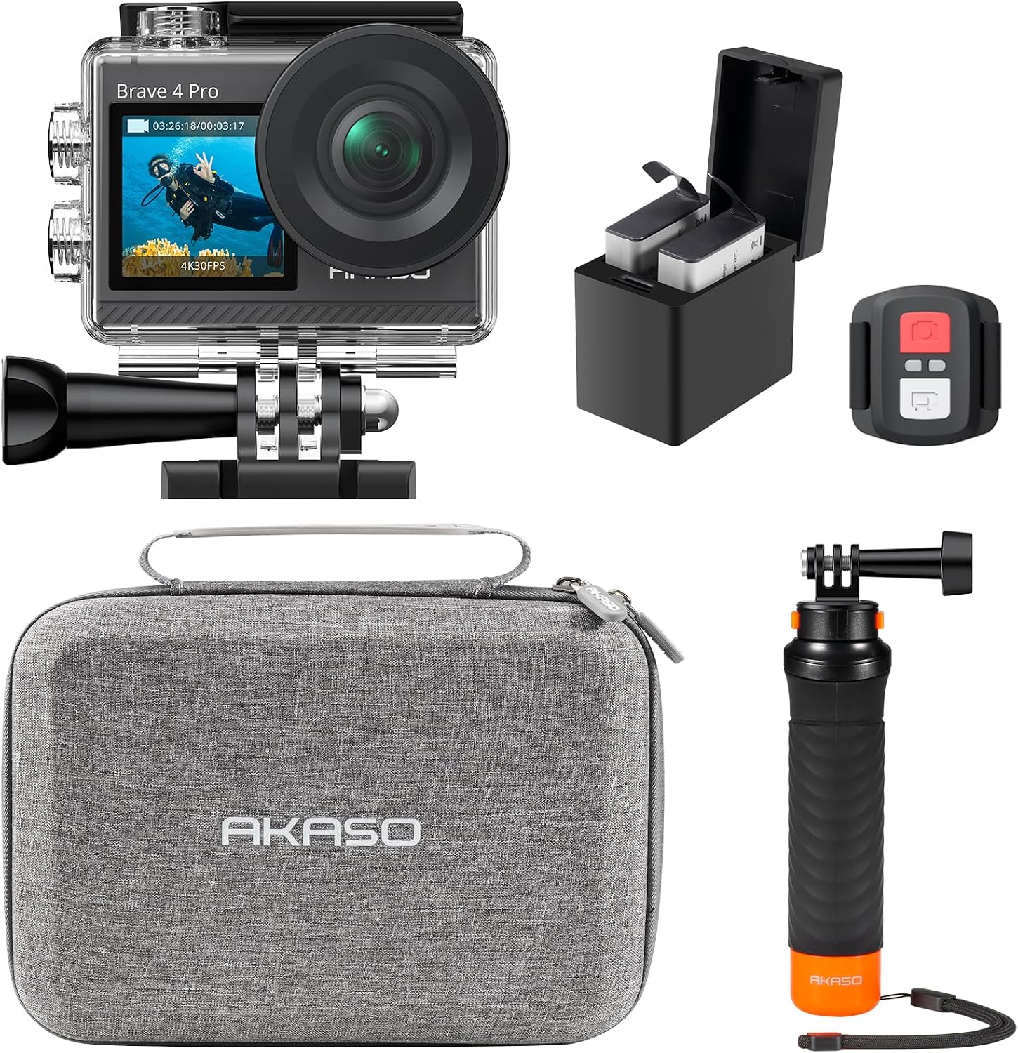 Detalle de AKASO Brave 4 Pro Action Kamera – 4K30FPS, 20MP, 40 m Unterwasser, Dualer Bildschirm, Fernbedienung & 2 Akkus
