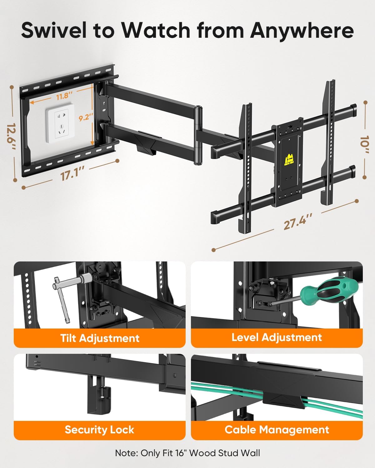 Thumbnail 6 de FORGING MOUNT Corner TV Mount with 30-Inch Extension for 37–75 Inch TVs