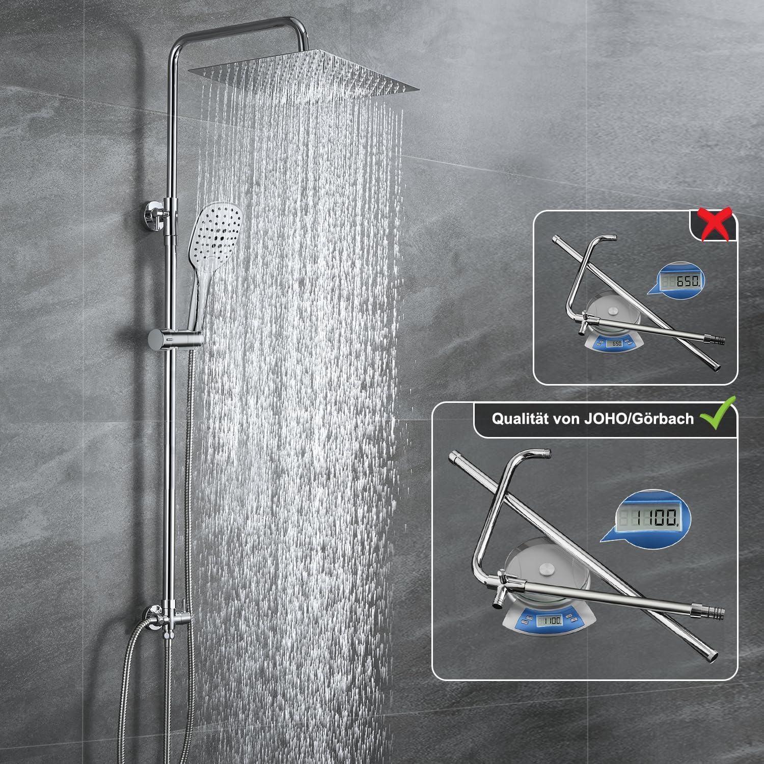 Thumbnail 3 de JOHO Duschset ohne Armatur mit 20×20 cm Regendusche, Handbrause und höhenverstellbarer Stange (Chrom/Edelstahl)