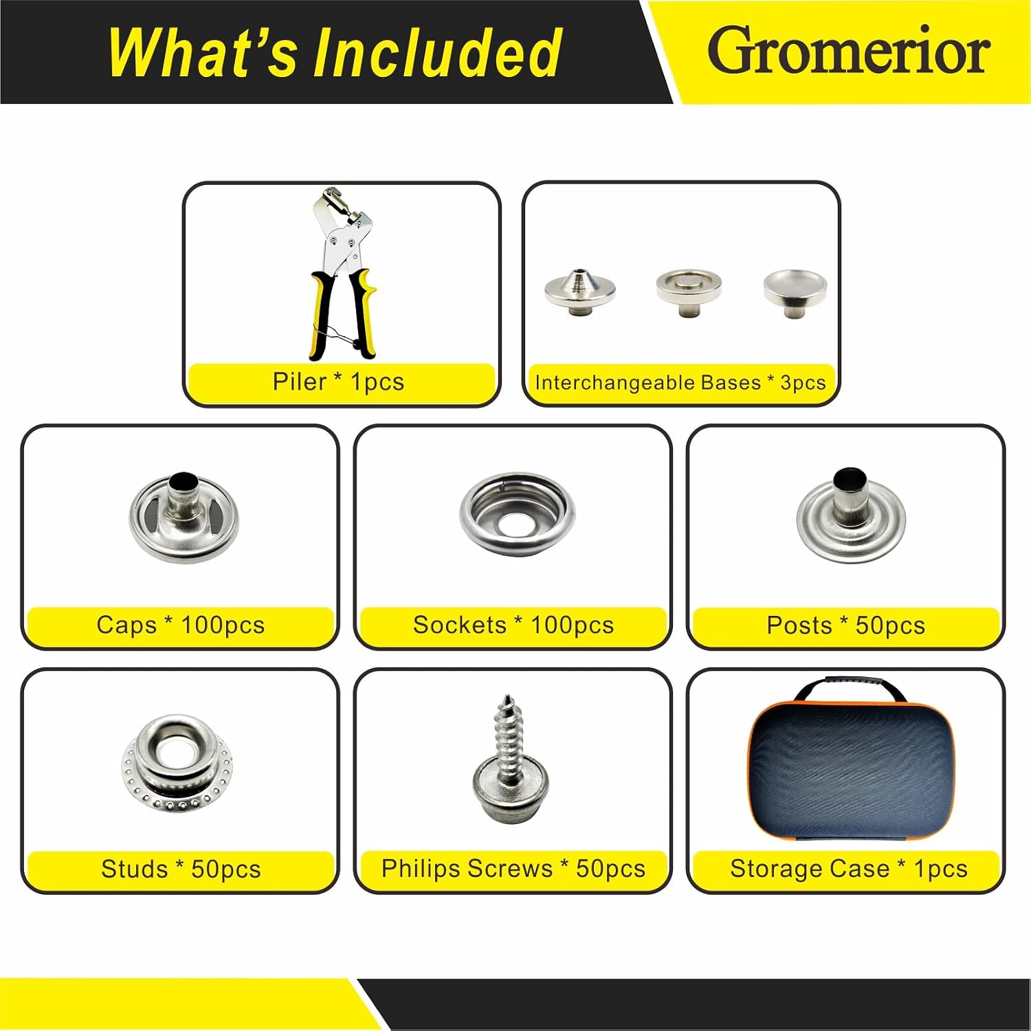 Thumbnail 1 de Gromerior Gro-2A Snap Fastener Kit, 15 mm Stainless Steel Snaps and Hand Pliers