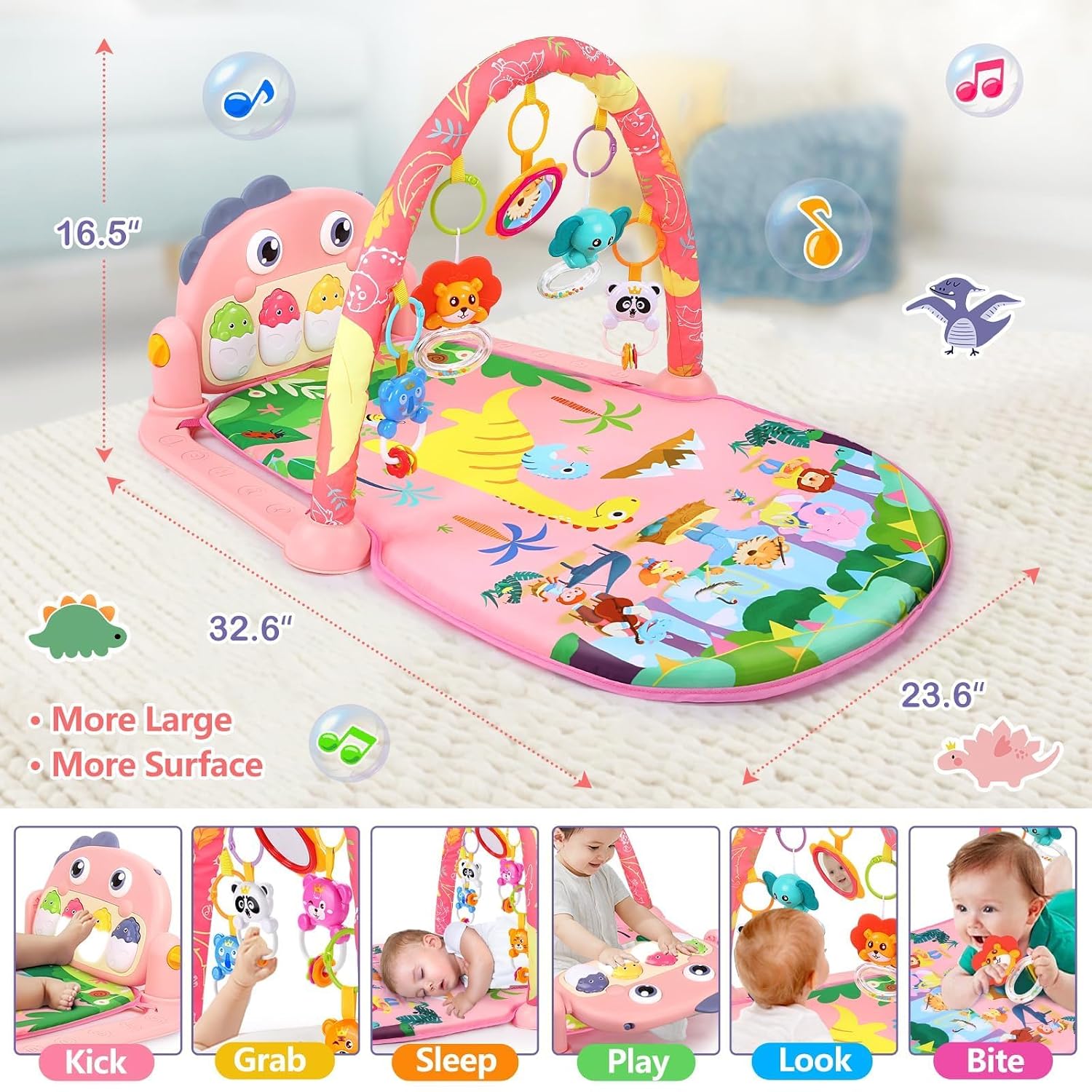 Detalle de UMIKU Pink Dinosaur Baby Play Gym Mat with Musical Piano and Activity Toys