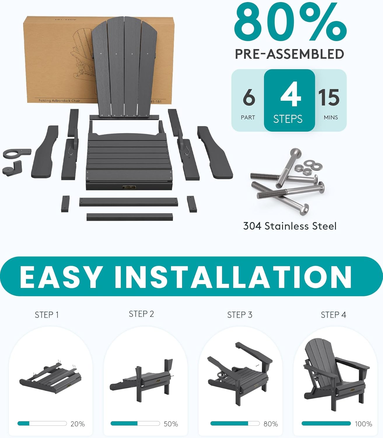 Thumbnail 6 de SERWALL A041-181 Folding Adirondack Chair, Gray HIPS with Hidden Cup Holder