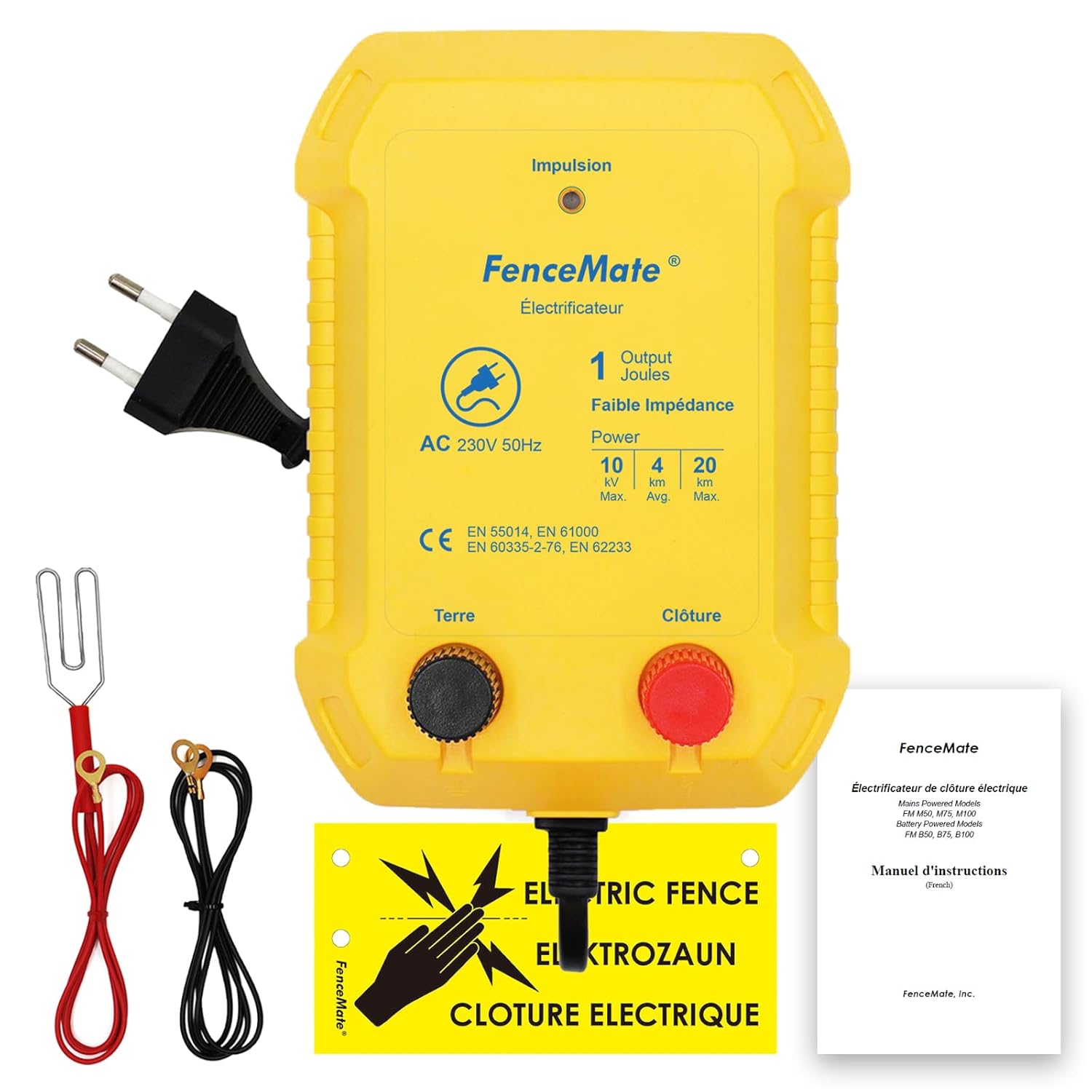 FenceMate Électrificateur de clôture électrique 230 V, sortie 1 joule (jusqu’à 4 à 20 km) pour volaille