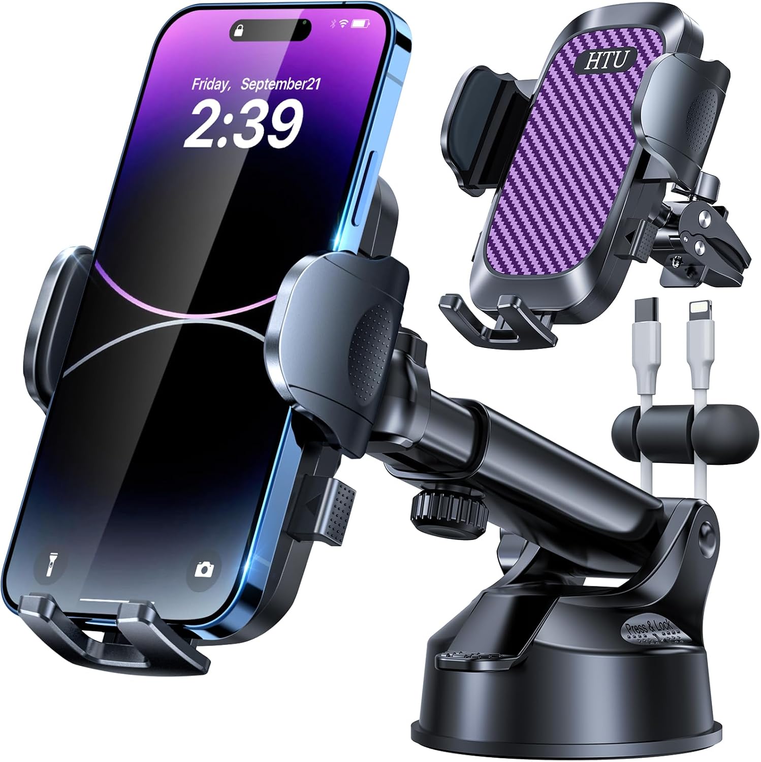 Detalle de HTU 5-in-1 Car Phone Mount, Purple, with 360° Rotating Suction Base