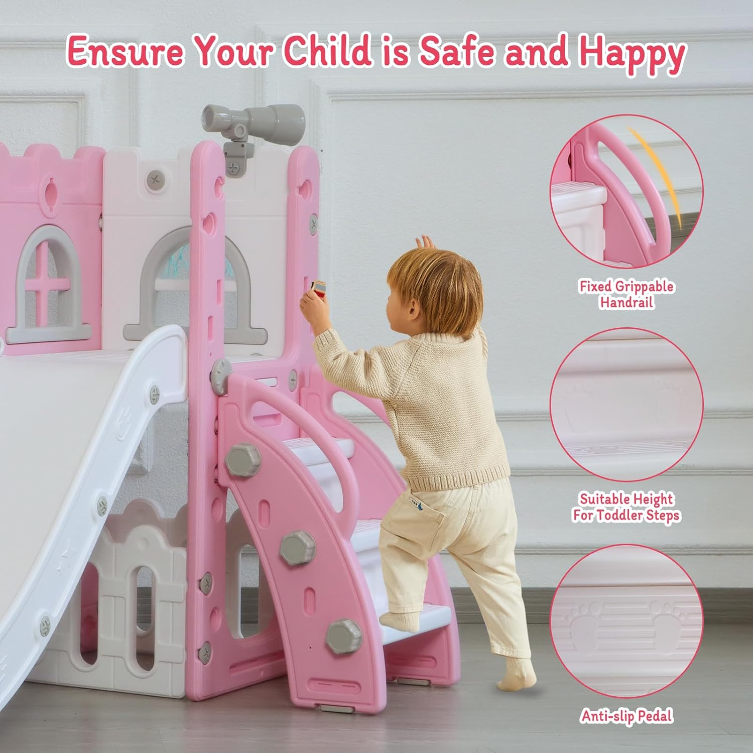 Detalle de LulliSpace 6 in 1 Toddler Slide & Climber with Basketball Hoop, Storage and Telescope