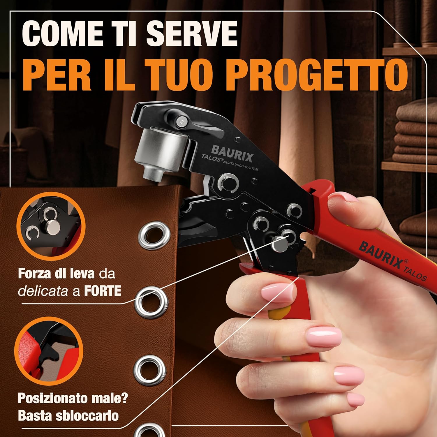 Detalle de BAURIX TALOS Pinza Occhielli Ø10 mm con 200 Occhielli – Autopunzante senza foro, per tessuti