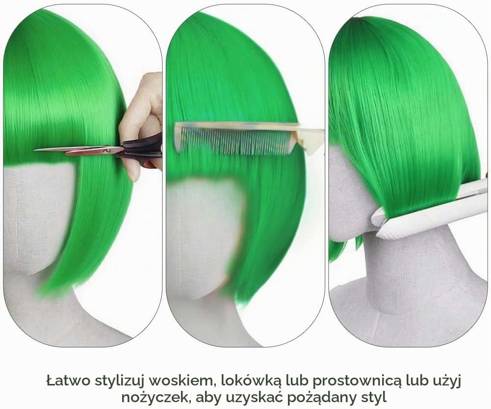 Detalle 1 de AUYAO 3620503 – zielona peruka bob z grzywką, proste włosy, neonowy kolor