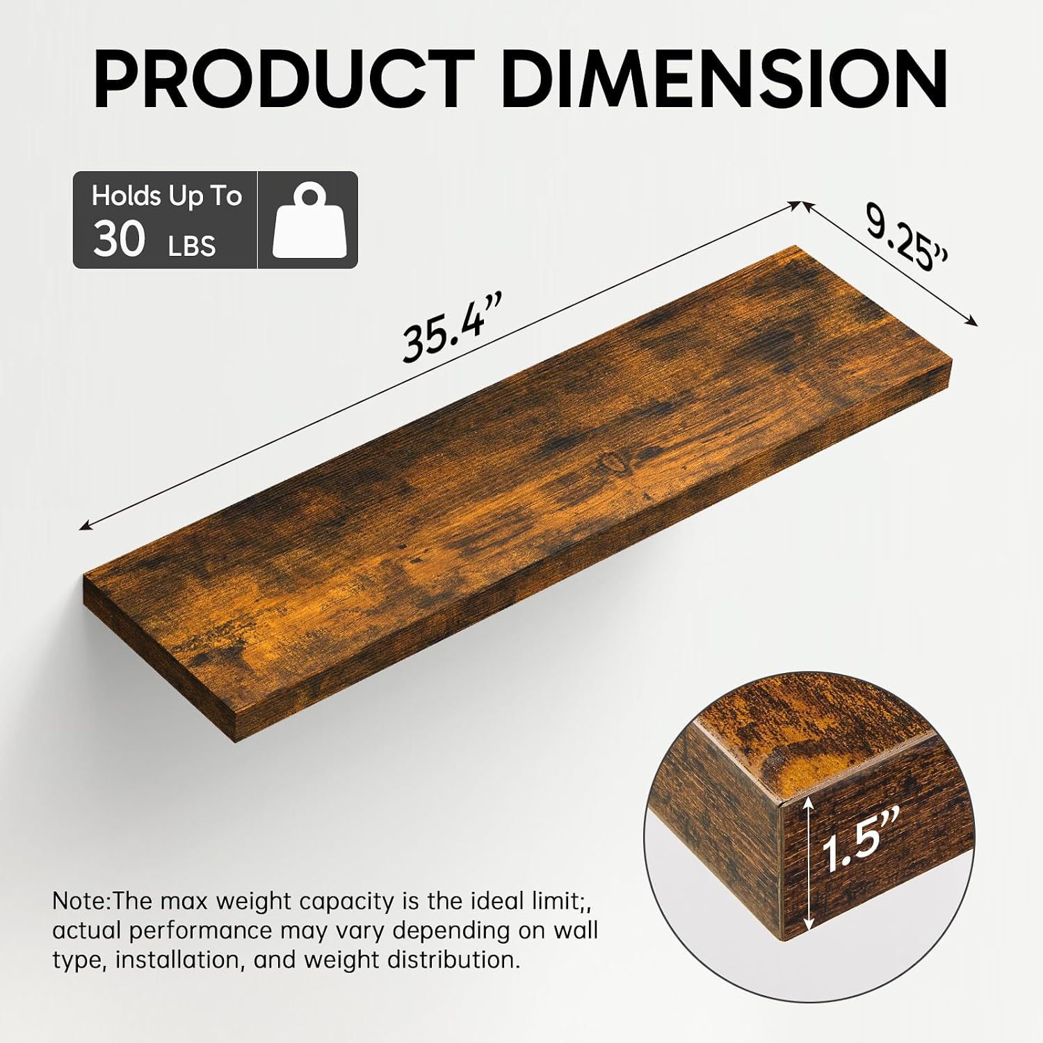 Detalle de BAYKA FSD3V148 Floating Shelves, 35.4-Inch Rustic Brown, Set of 3
