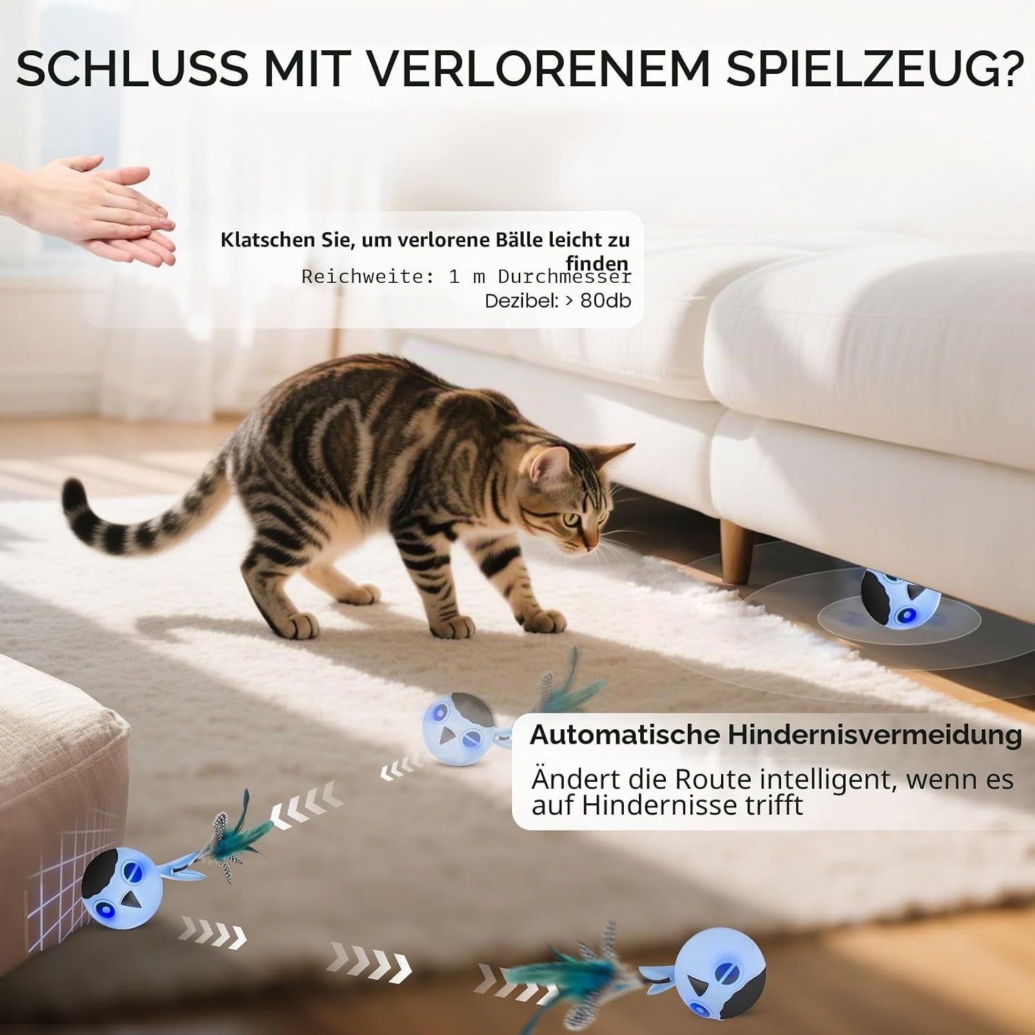Detalle de Zeepet Katzenspielzeug Ball – Interaktiver, berührungsempfindlicher Katzenspielball mit Vogel‑Schwänzen