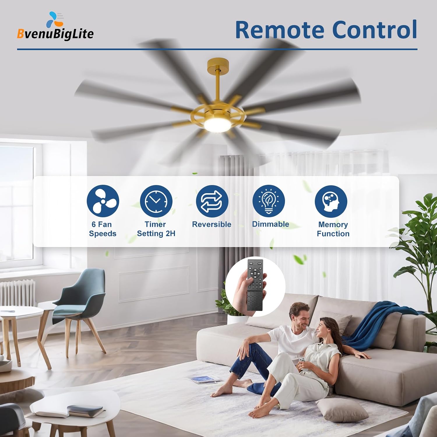 Detalle 1 de BvenuBigLite WS-FPZ190-18C-CO-AP 72-Inch Ceiling Fan with Light