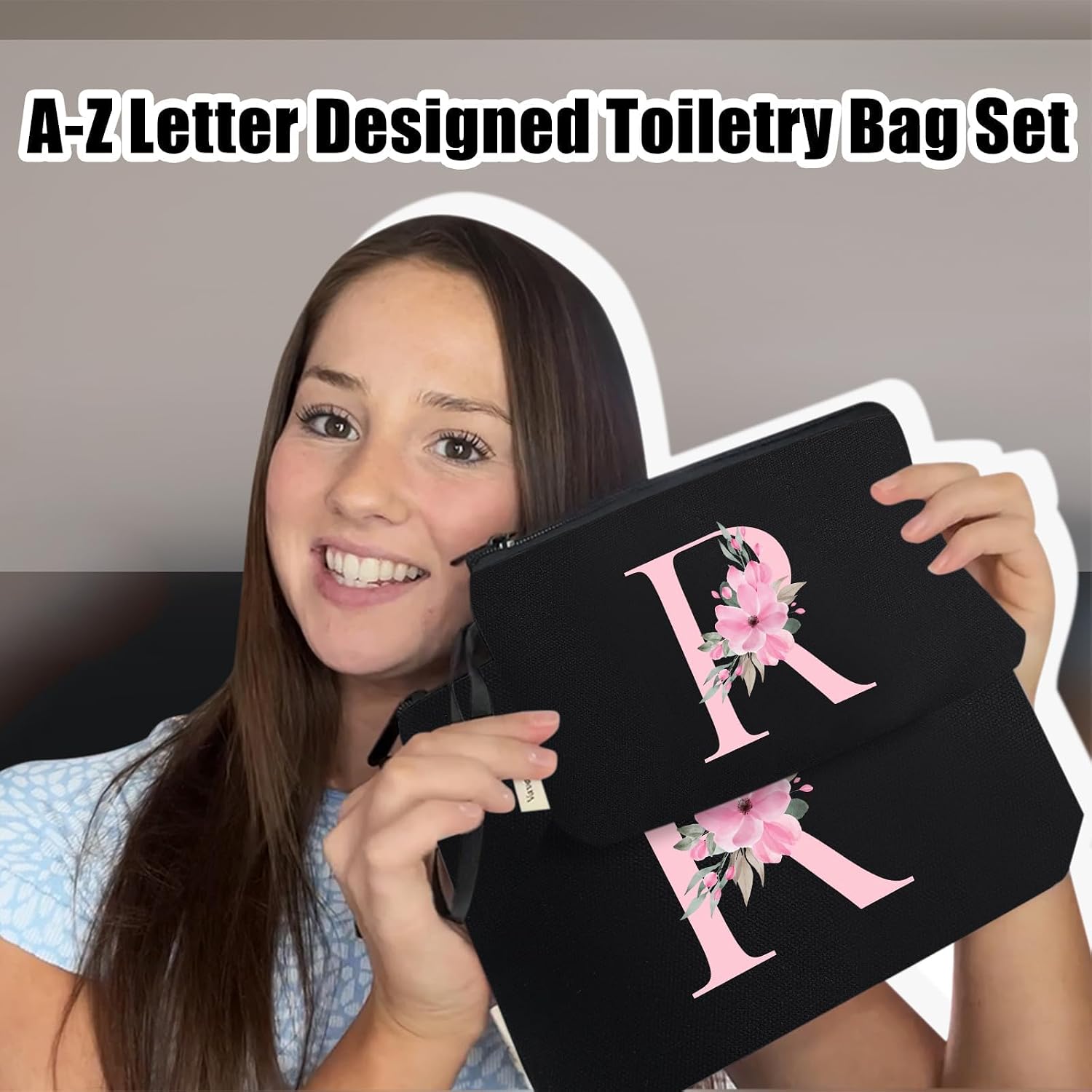 Thumbnail 5 de Vavabox 2Pcs Initial Toiletry Bags Set – Personalised Travel Cosmetic Pouches (R, Black)