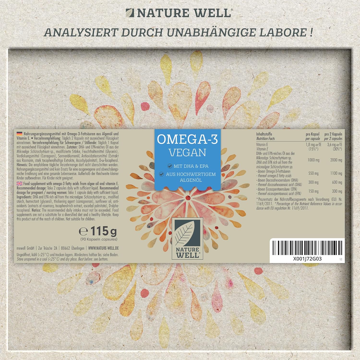 Detalle de NatureWell Omega-3 Vegan 90 Kapseln (hochdosiert) – 2000 mg Algenöl pro Tag mit 600 mg DHA & 300 mg EPA