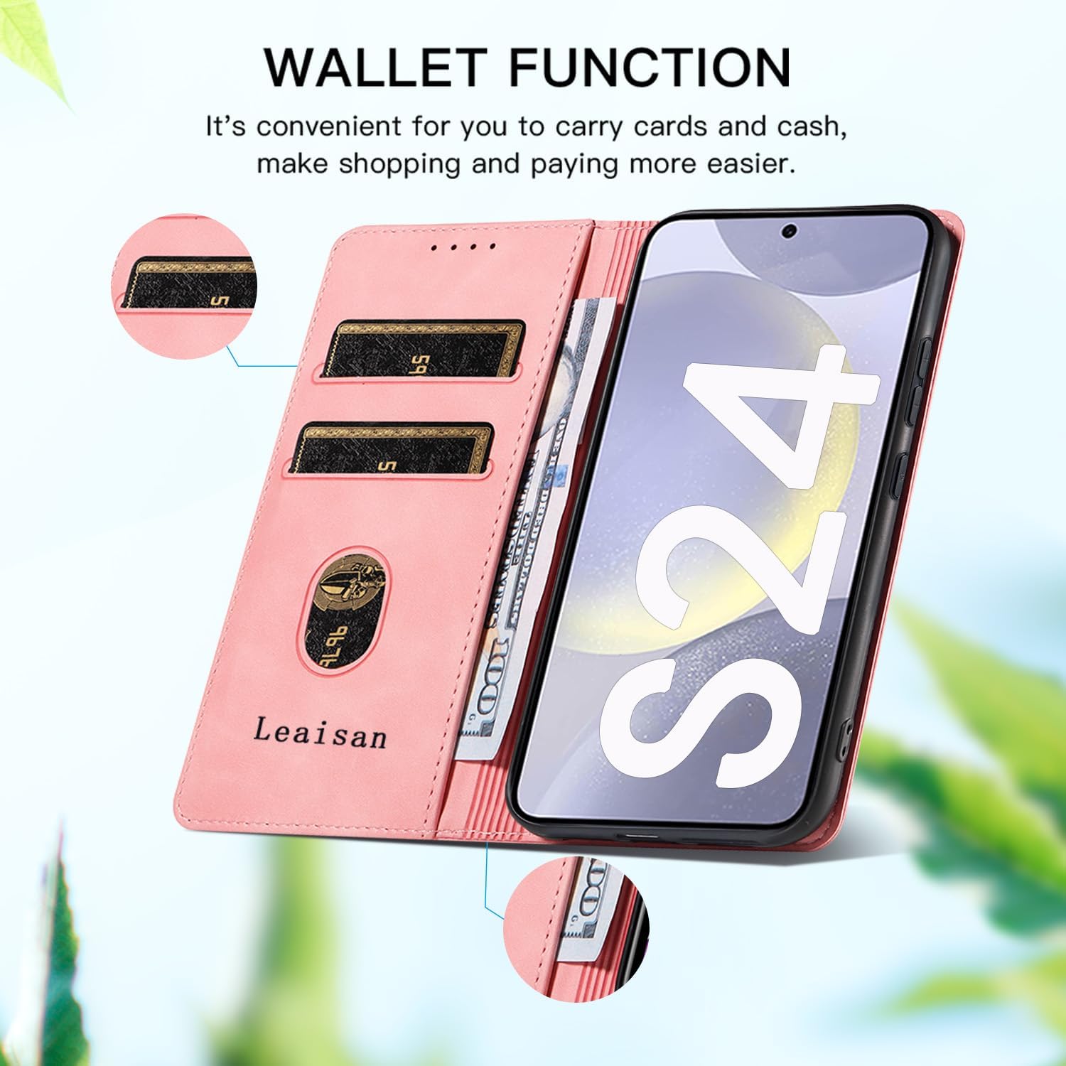 Thumbnail 2 de Leaisan Premium Leder Flip Hülle für Samsung Galaxy S24 – Rose Gold mit Kartenfächern, Standfunktion und Stoßschutz