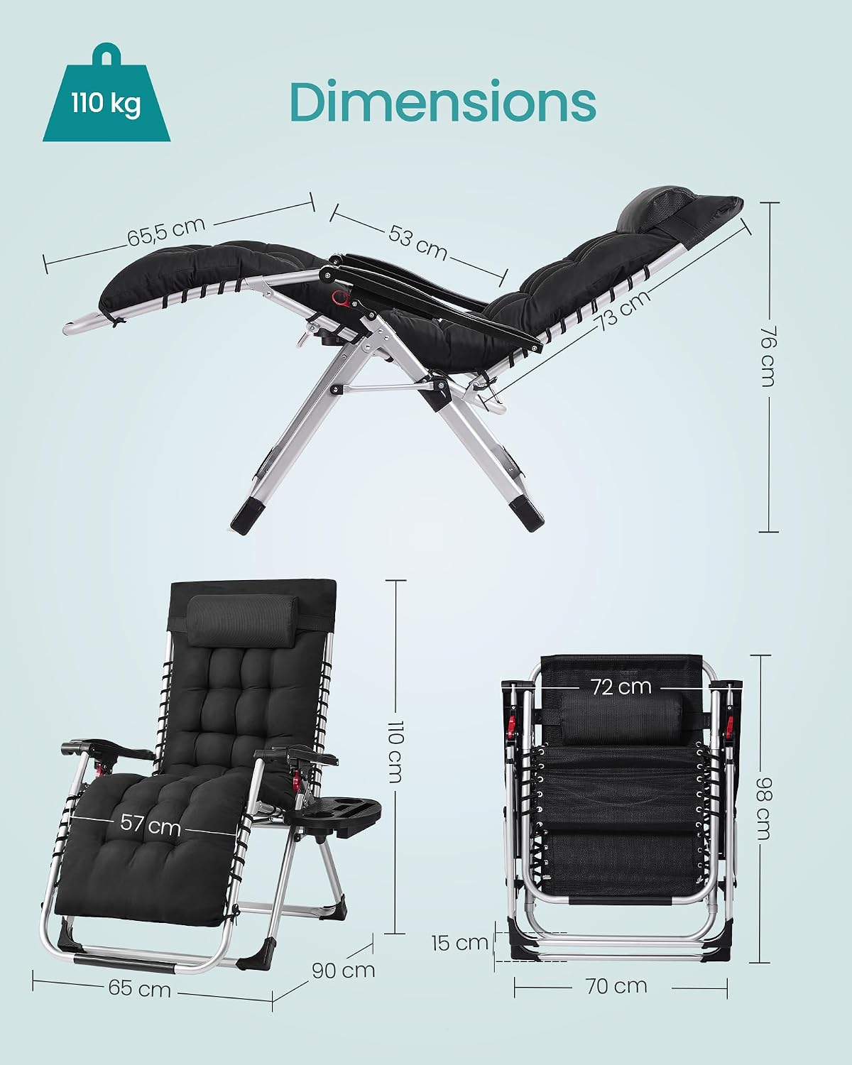 Thumbnail 2 de SONGMICS Chaise Longue Pliante « gravité zéro » avec coussin amovible, appui-tête réglable et plateau